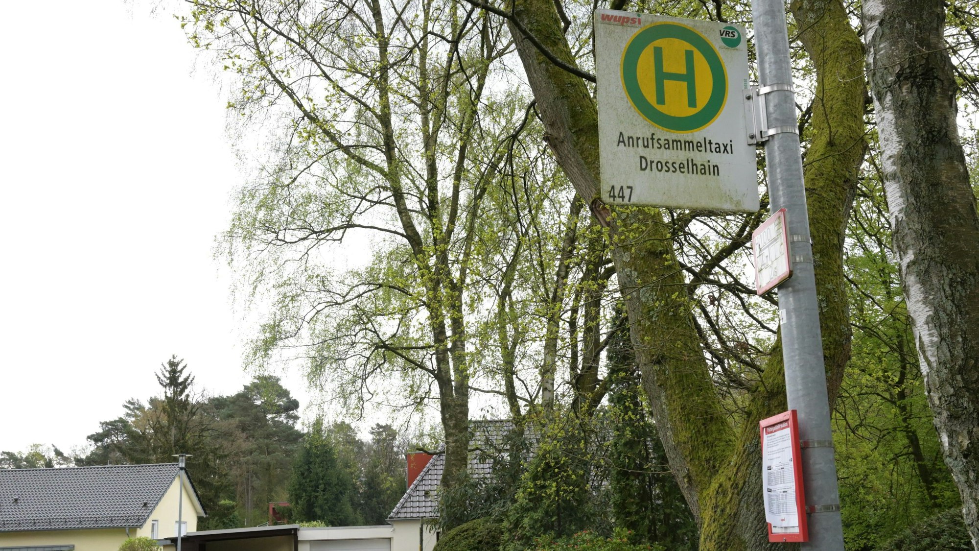 Man sieht das Haltestellenschild, im Hintergrund sind Bäume und Wohnhäuser.