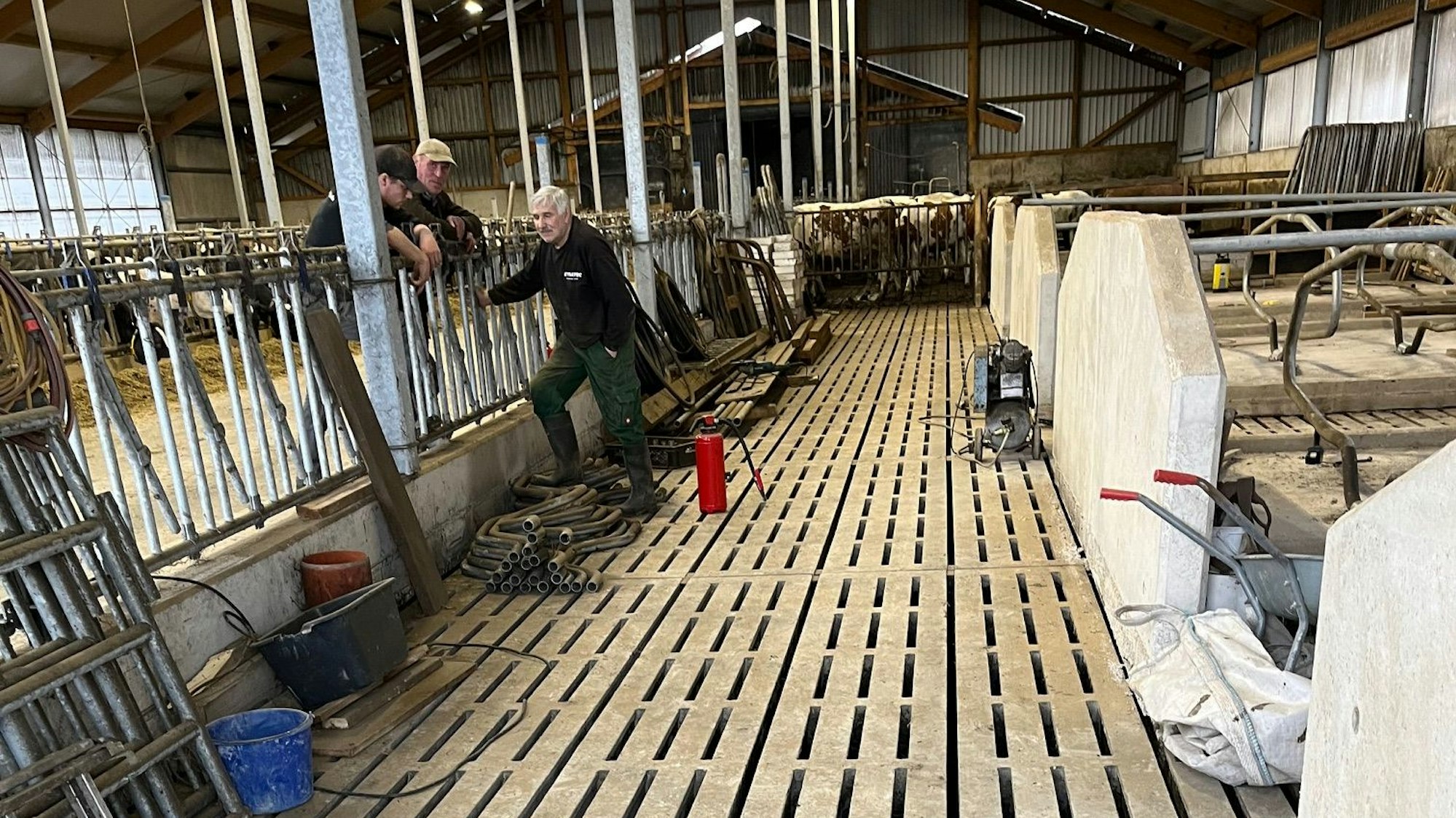 Mehrere Feuerwehrleute stehen in einem Stall.