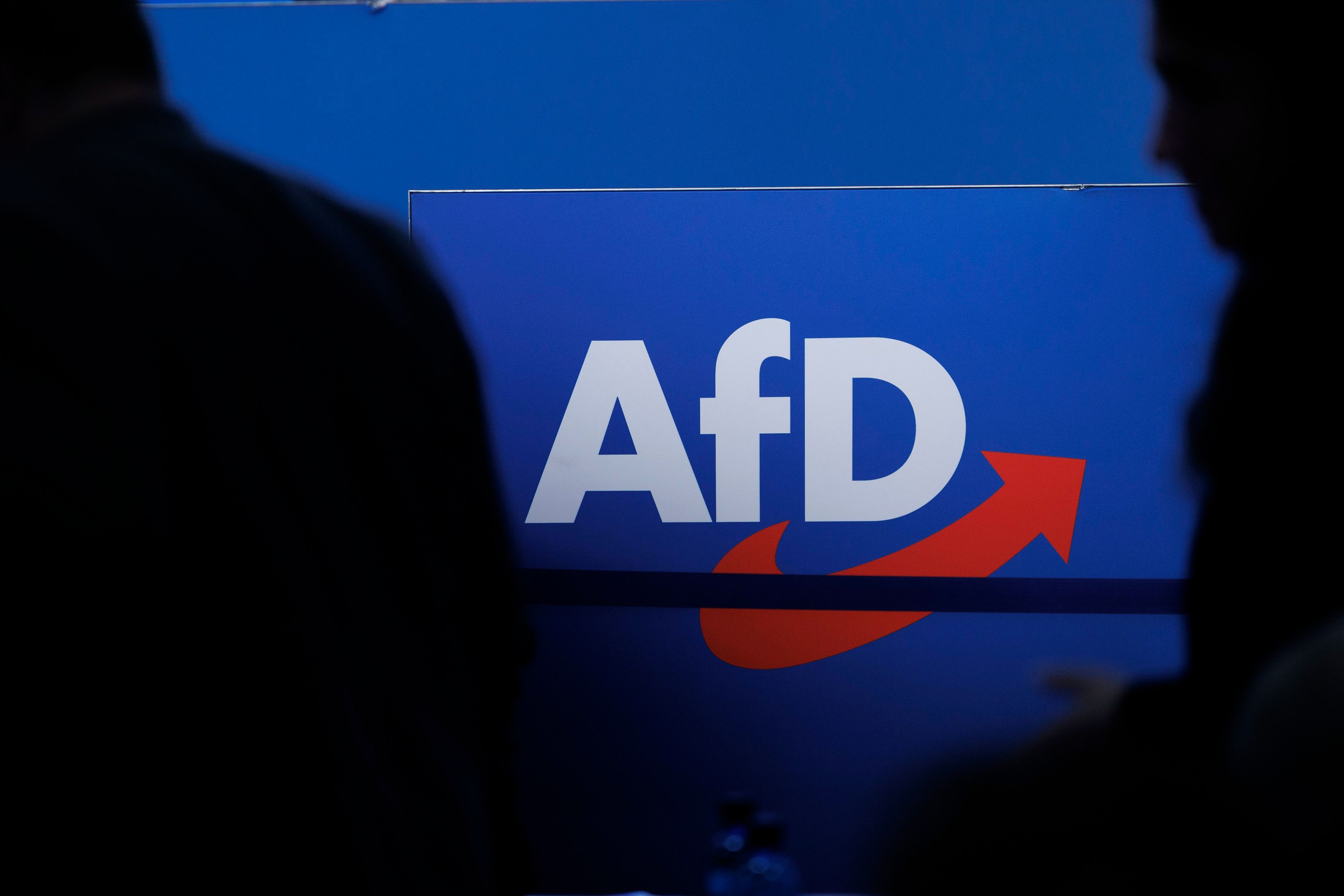ARCHIV - 28.07.2023, Sachsen-Anhalt, Magdeburg: Delegierte gehen vor dem Parteilogo bei dem AfD-Bundesparteitag in der Magdeburger Messe. (zu dpa: «AfD-Spitzenkandidat legt Bystron Verzicht auf Wahlkampfauftritte nahe») Foto: Carsten Koall/dpa +++ dpa-Bildfunk +++