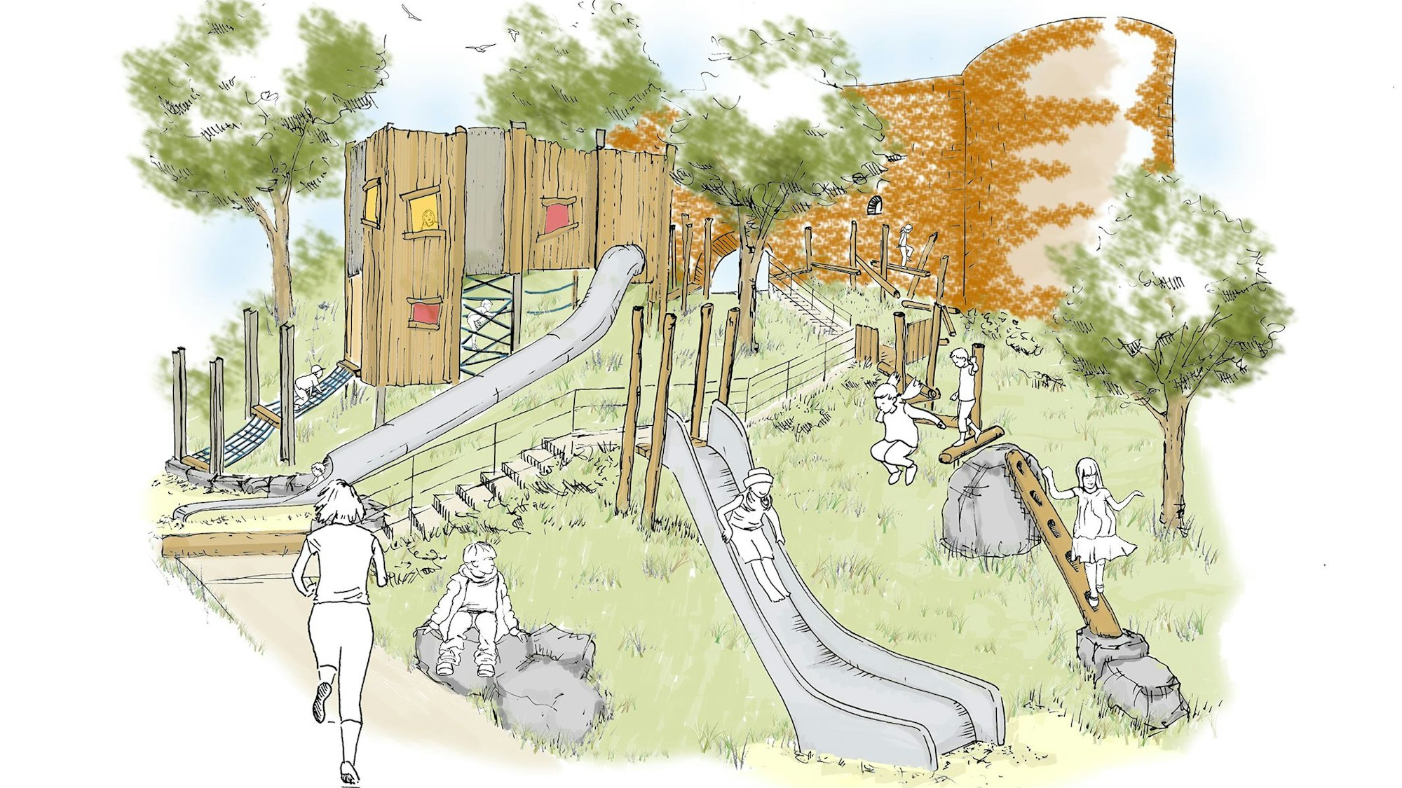 Der Hangspielplatz in Hennef-Stadt Blankenberg in einer bunten Zeichnung.