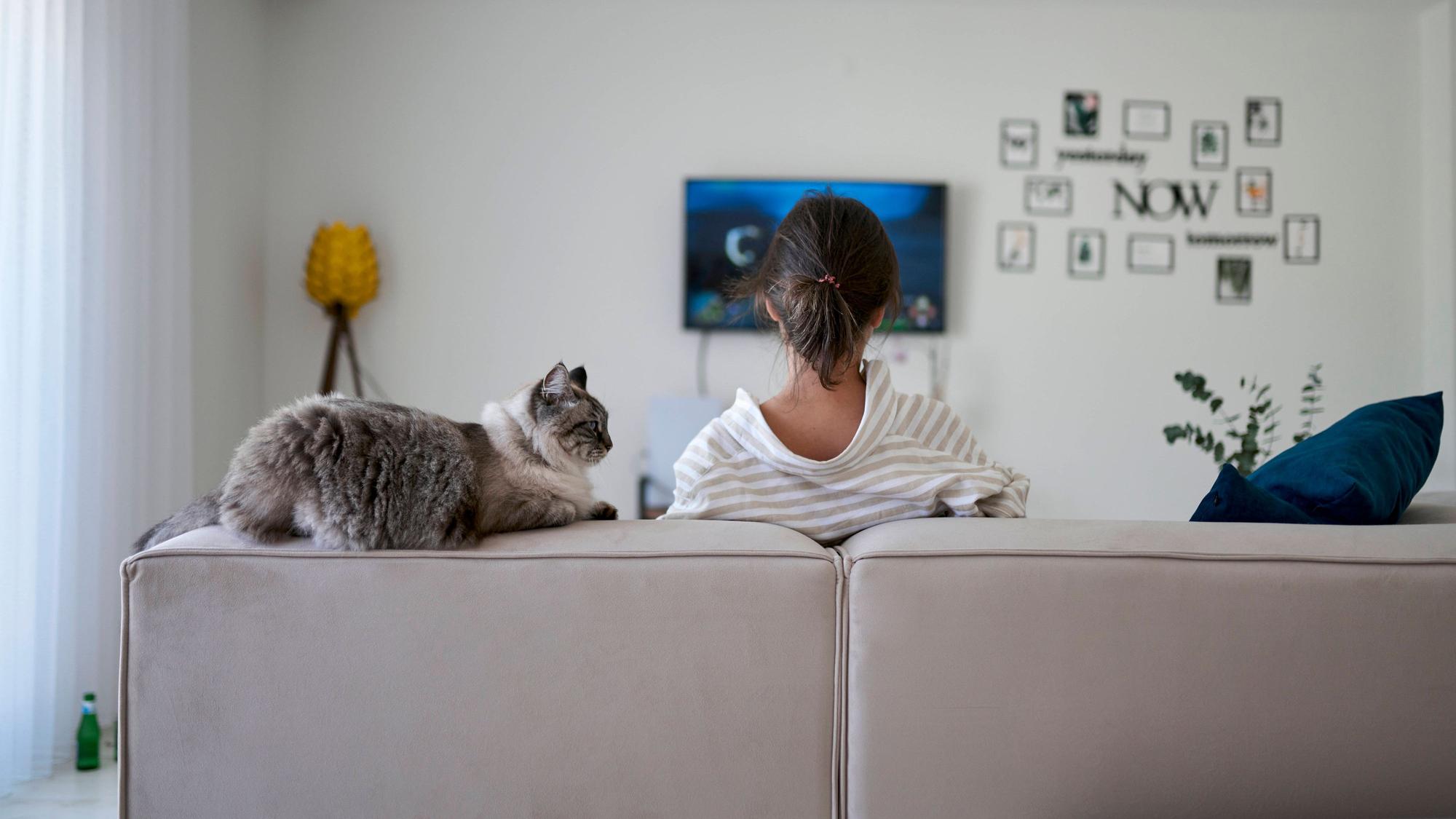 Foto einer Frau die auf dem Sofa vor eine Fernseher sitzt, zusammen mit einer Katze.