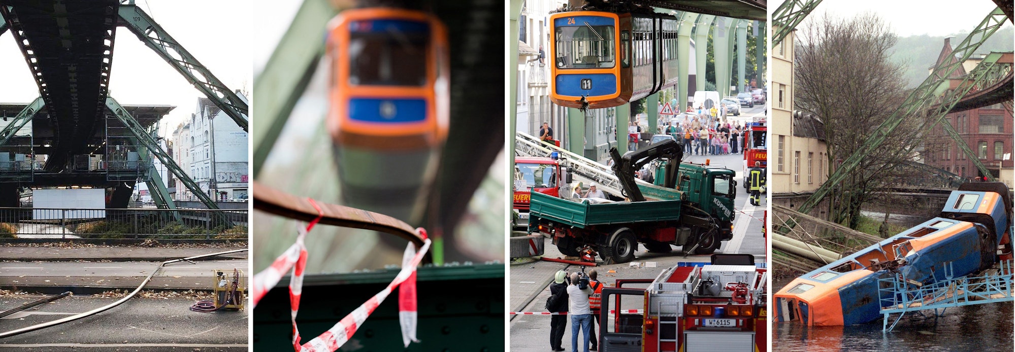 Wuppertal: Die Kombo zeigt Unfälle der Schwebebahn in Wuppertal (l-r: 18.11.2018, 18.10.2013, 05.08.2008 und 12.04.1999). Die Wuppertaler Schwebebahn war fast 100 Jahre Symbol für Sicherheit und Ingenieurskunst. Dann kam der 12. April 1999 und das Unglück mit fünf Toten.