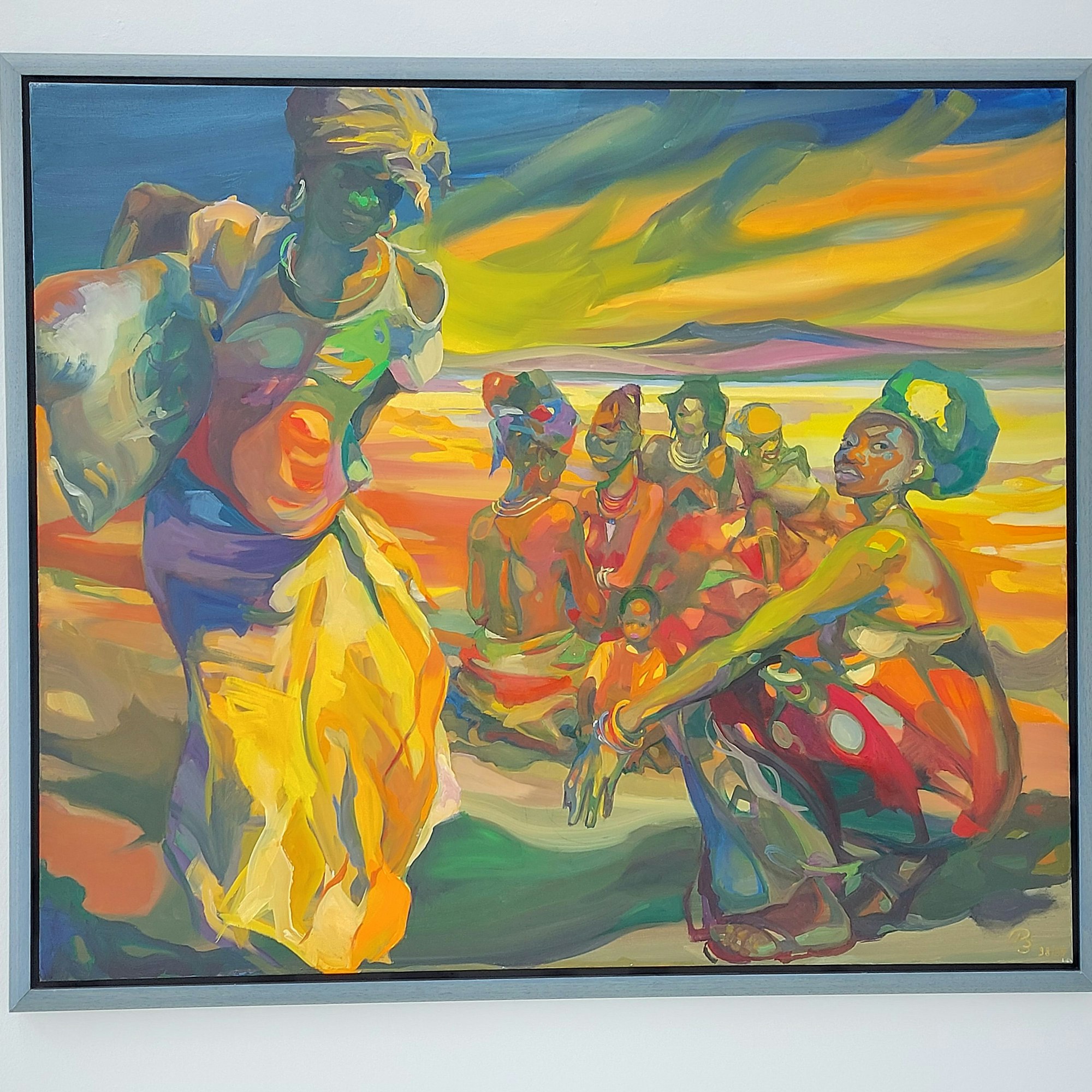 Ein Ölbild in kräftigen Farben. Zu sehen sind afrikanische Frauen, hockend oder im Stehen.