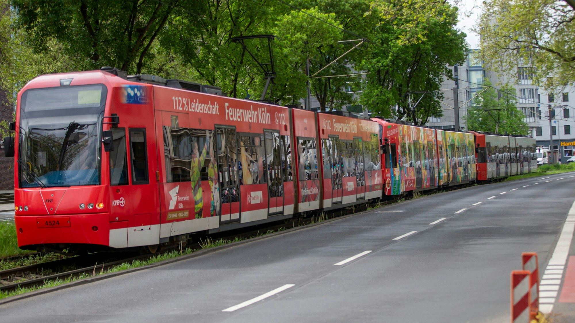 Eine 90 Meter lange Bahn bei einer Testfahrt auf der Cäcilienstraße. An dieser Stelle fährt sie im eigenen Gleisbett neben der Straße.