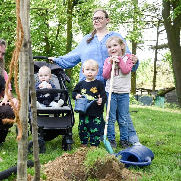 Eine Familie mit vier Kindern pflanzt einen Baum.