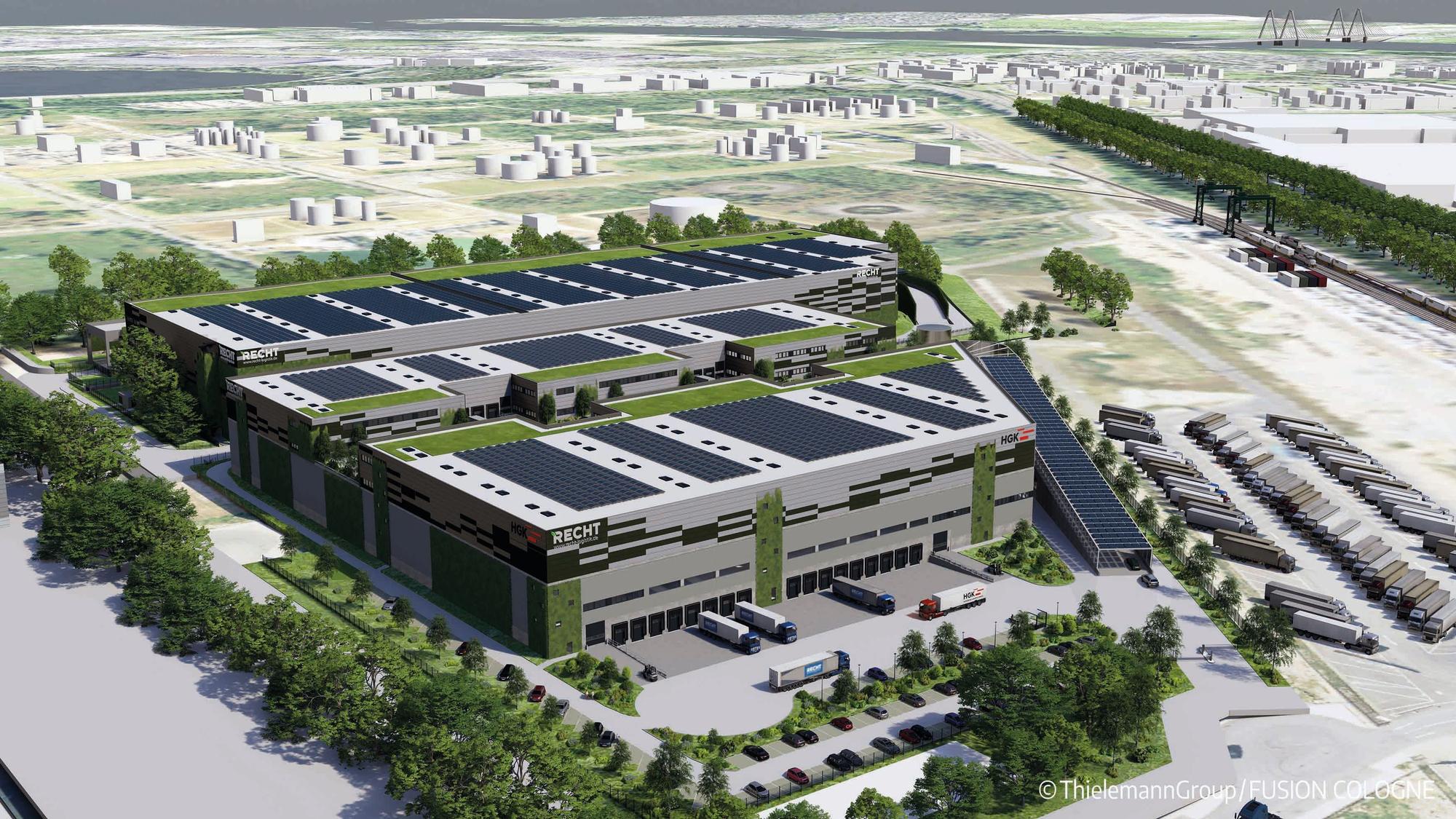 Die Visualisierung zeigt eine geplante Logistikimmobilie im Industriepark Nord in Köln-Niehl.