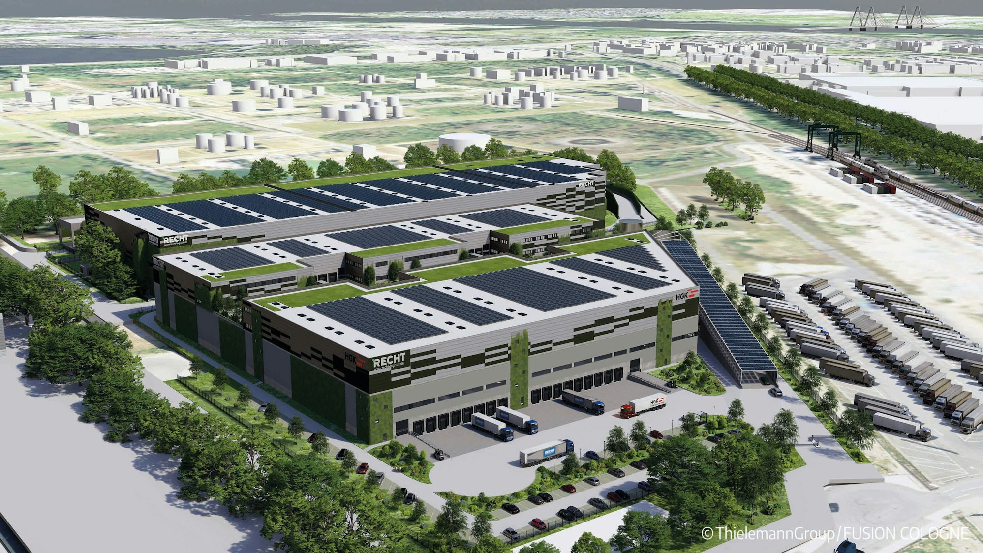 Die Visualisierung zeigt eine geplante Logistikimmobilie im Industriepark Nord in Köln-Niehl.