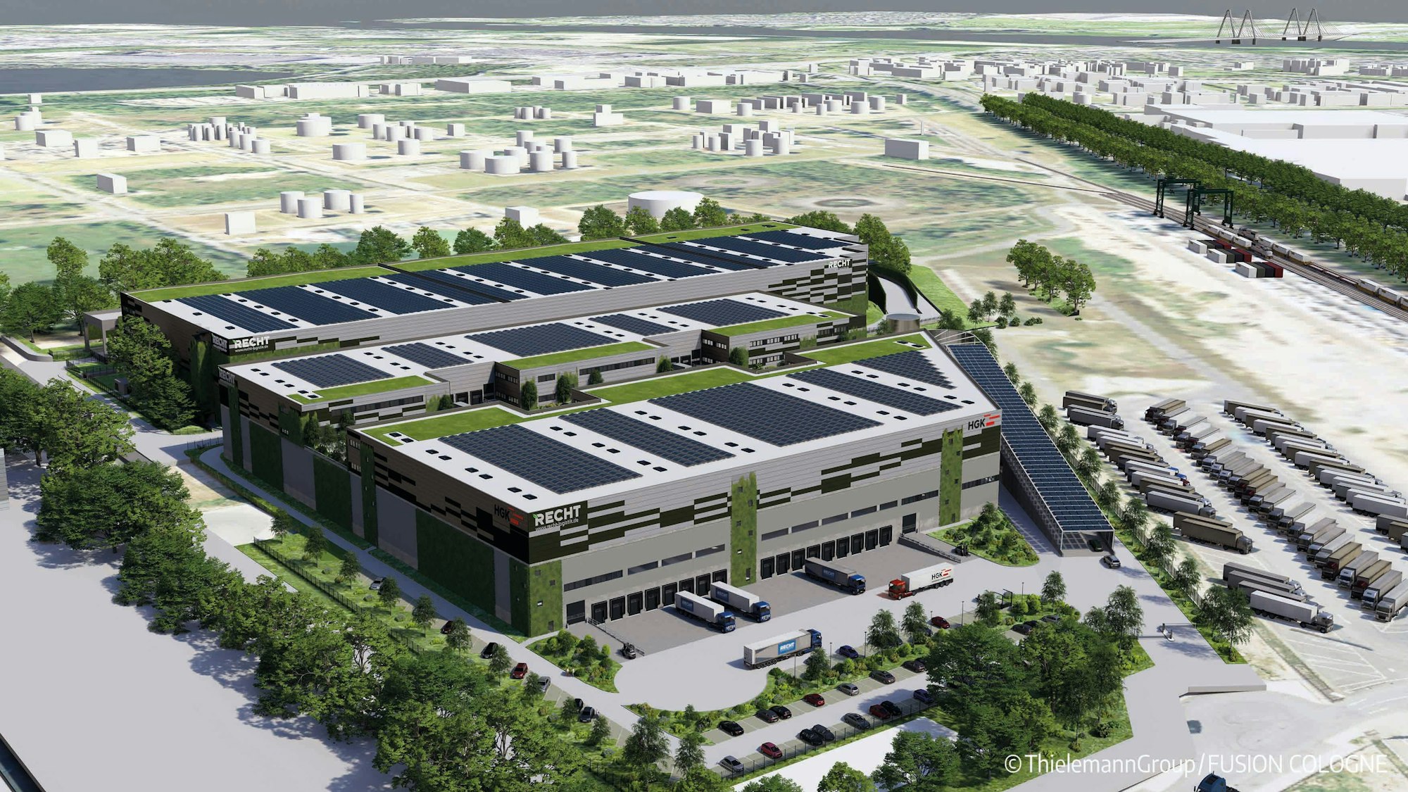 Die Visualisierung zeigt eine geplante Logistikimmobilie im Industriepark Nord in Köln-Niehl.