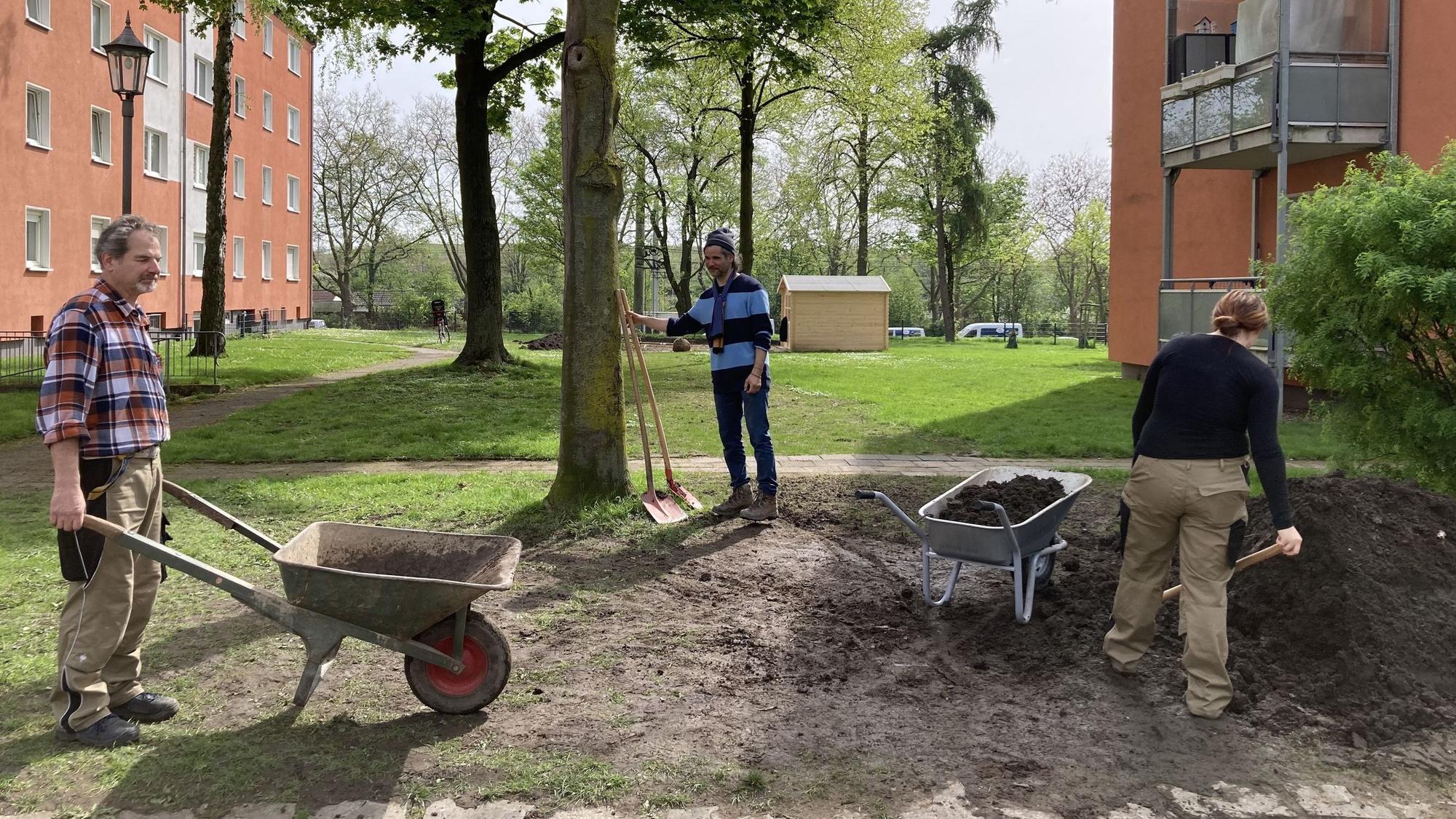 An der Ulitzkastraße entsteht auf einer Fläche von 220 Quadratmetern unter Anleitung von Akiro Hellgard (Mitte) ein Nachbarschaftsgarten. Foto: Marius Henne