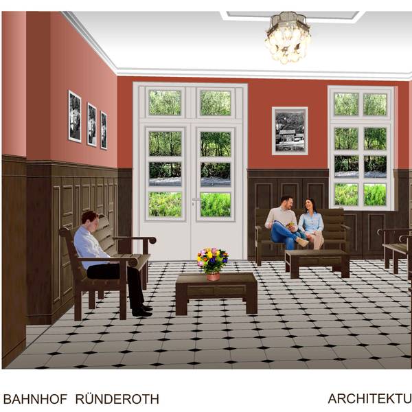 Visualisierung der Lobby des neuen Hotels im früheren Bahnhof von Ründeroth. Die Lobby soll den Charakter der früheren Wartehalle bewahren und stammt aus dem Büro des Architekten Ralf Rother
