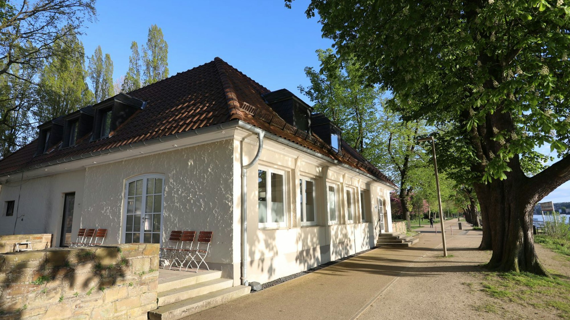 Ein flaches Gebäude mit einer Terrasse, rechts steht am Rheinufer ein Baum
