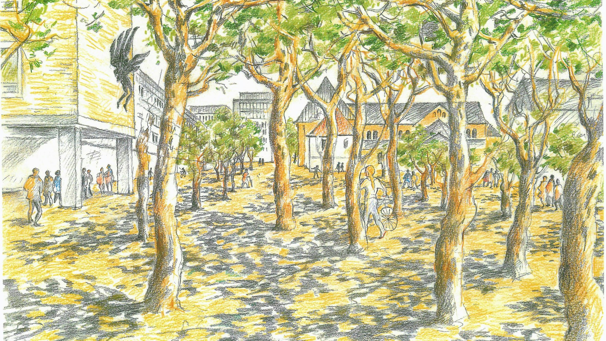 Visualisierung als Zeichnung, die den Platz aus der Fußgänger-Perspektive vom Süden her zeigt. Credit: Thiess