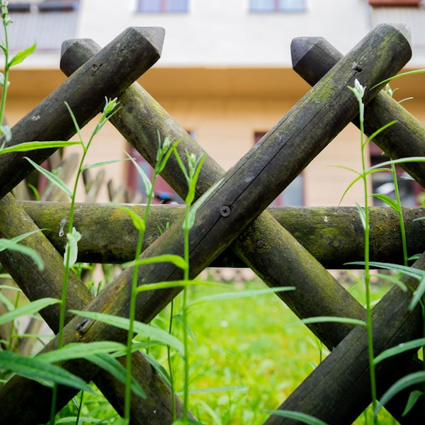 Ein Zaun vor einem Haus mit Garten