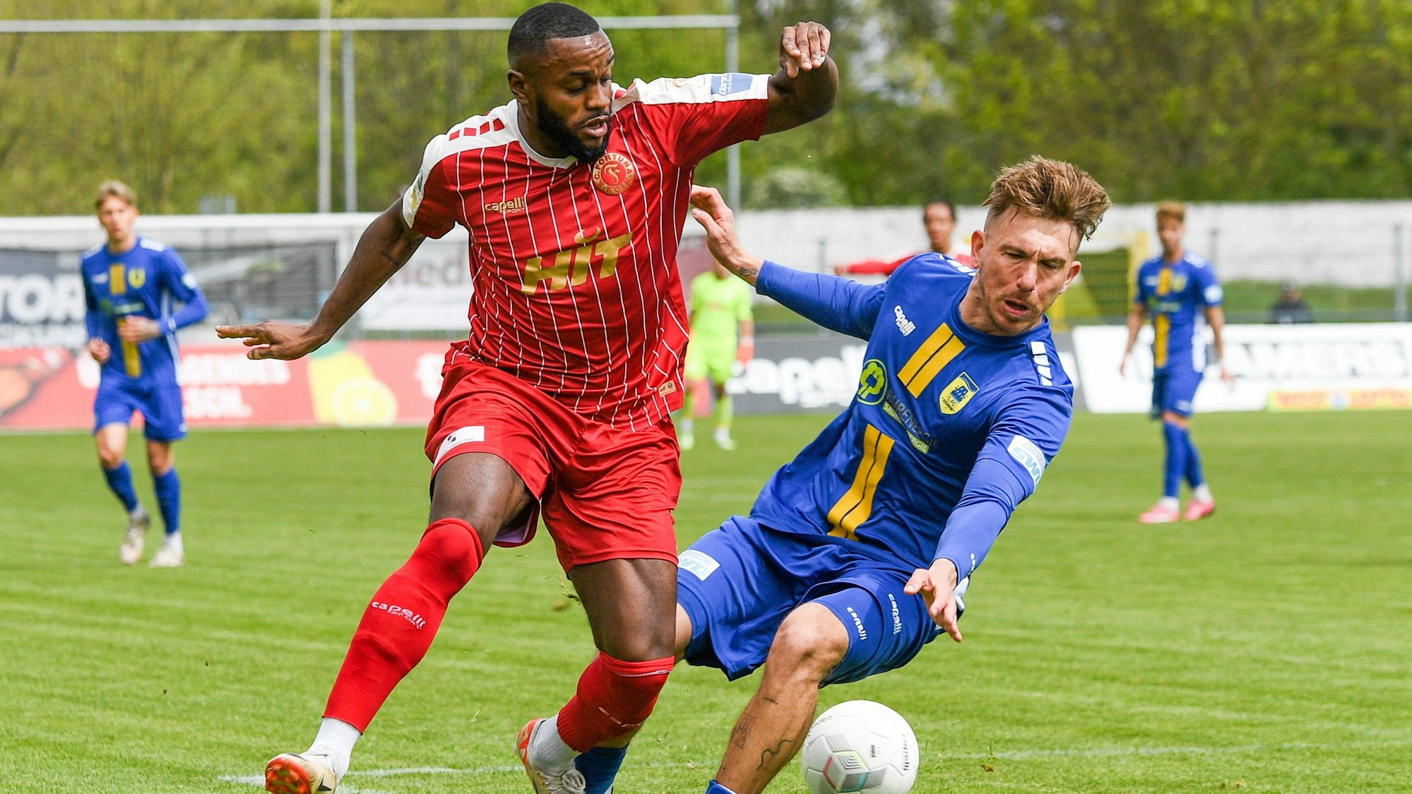 v.li.: Arnold Budimbu Fortuna Köln, 17, Vincent Geimer 1. FC Düren, 7, Zweikampf, Duell, duel, tackle, tackling, Dynamik, Action, Aktion, 20.04.2024, Düren Deutschland, Fussball, Regionalliga West, 1. FC Düren - SC Fortuna Köln *** v li Arnold Budimbu Fortuna Köln, 17 , Vincent Geimer 1 FC Düren, 7 , duel, duel, tackle, tackling, dynamics, action, action, 20 04 2024, Düren Germany , Football, Regionalliga West, 1 FC Düren SC Fortuna Köln xmhx