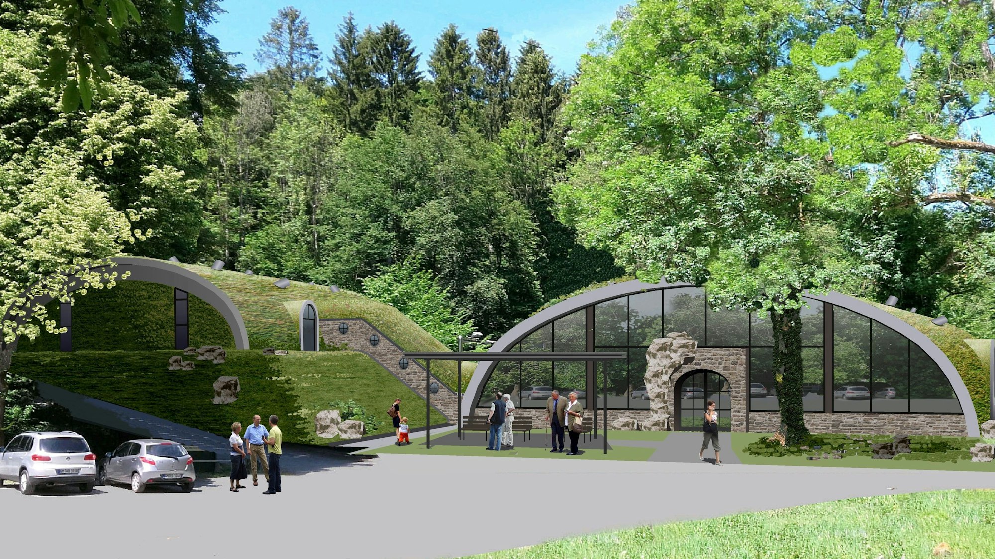 Visualisierung zeigt moderne Gebäude, die sich mit Glasfronten in die Landschaft einfügen.