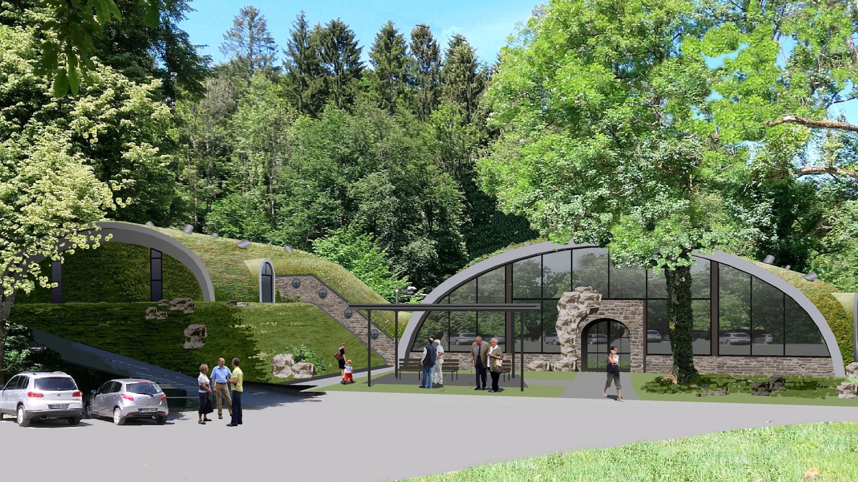 Visualisierung zeigt moderne Gebäude, die sich mit Glasfronten in die Landschaft einfügen.