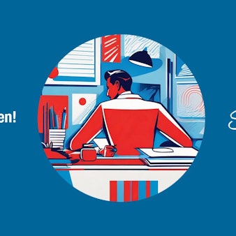 Auf einem blauen Bild steht in weißer Schrift „Guten Morgen!“ und die Unterschrift „Spinxer“. In der Mitte ist eine Kameralinse zu sehen, die den Blick auf einen Mann freigibt, der mit dem Rücken zum Betrachter an einem Schreibtisch sitzt. Das Bild ist im Comic-Stil in den Farben blau, rot und weiß gezeichnet.