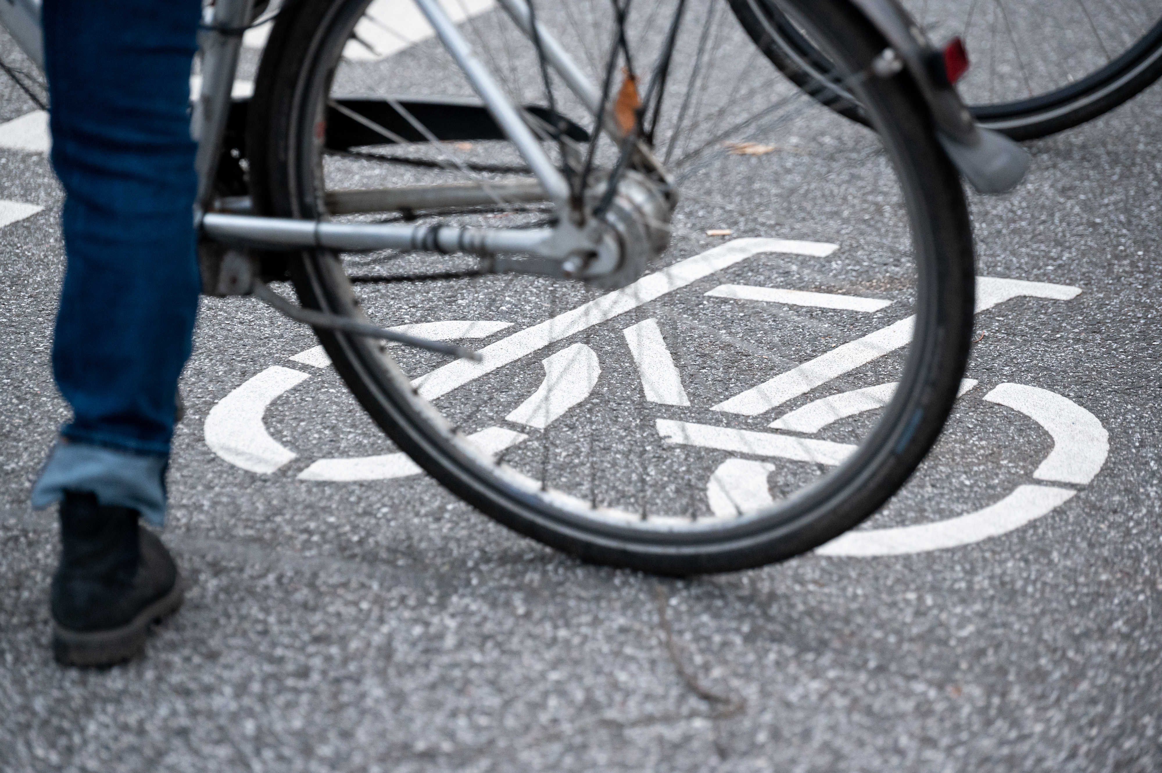 Ein Fahrrad-Symbol ist auf der Fahrbahn einer Straße hinter einem Fahrrad zu sehen.