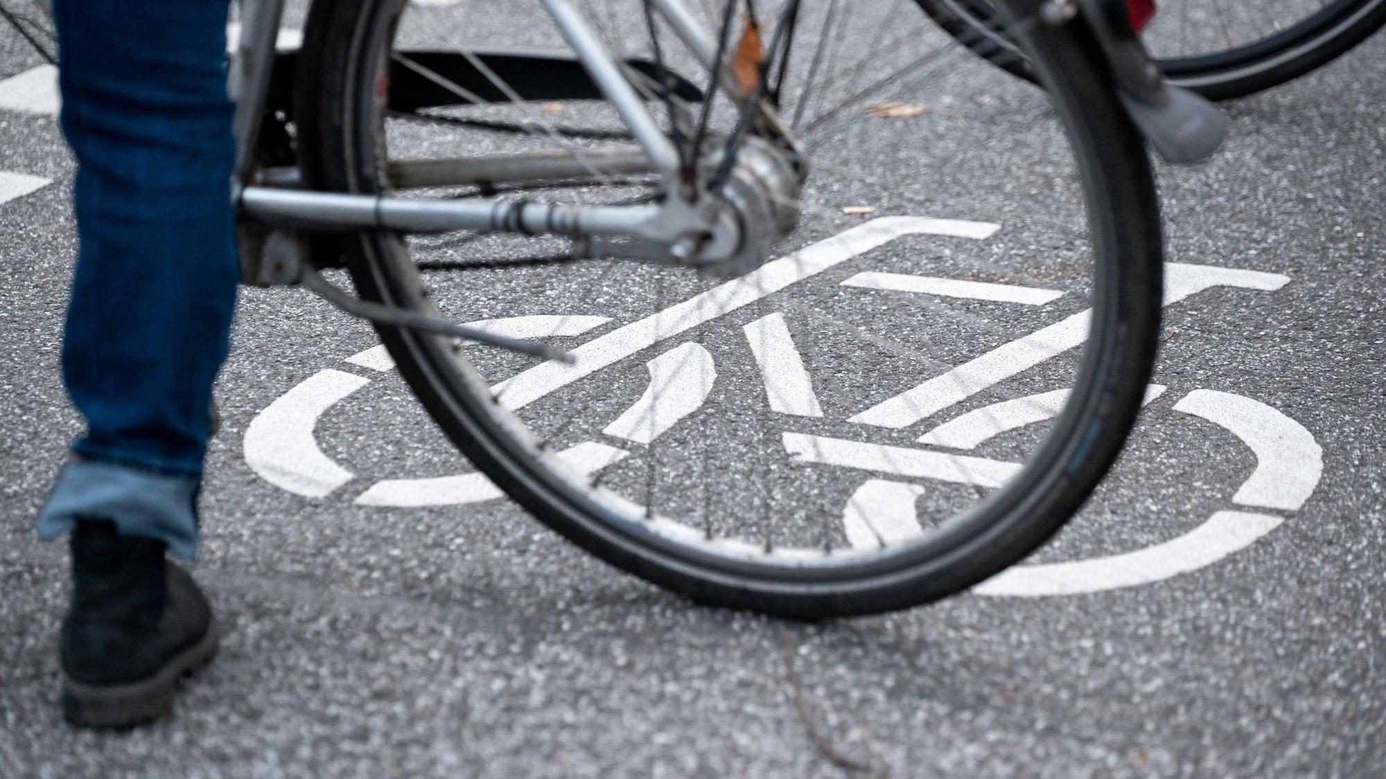Ein Fahrrad-Symbol ist auf der Fahrbahn einer Straße hinter einem Fahrrad zu sehen.
