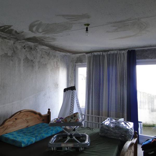 An der Wand und Decke einer Wohnung eines Hauses der Osloer Straße hat sich der Schimmel großflächig ausgebreitet. Foto von Christopher Dröge
