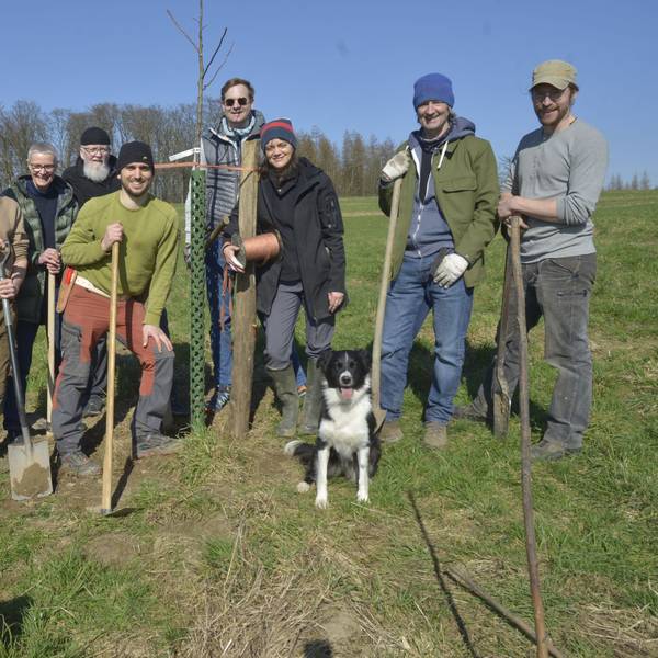 Tatkräftig packen Vorstand Patrick Beyer und die Ehrenamtler beim Pflanzen der Obstbäume auf dem Agro-Forst an. Die Gruppe steht auf einer Wiese beisammen. Alle haben einen Spaten in der Hand.