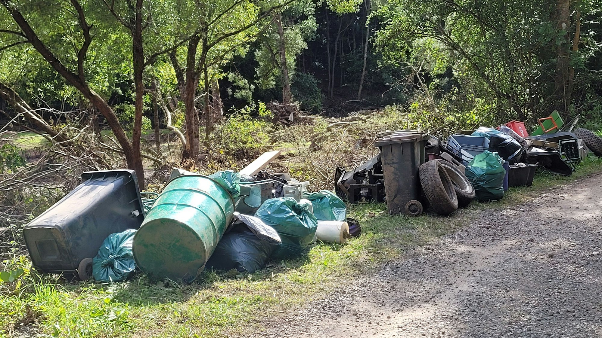 Blick auf Fässer, Mülltonnen und Abfall an der K 7.