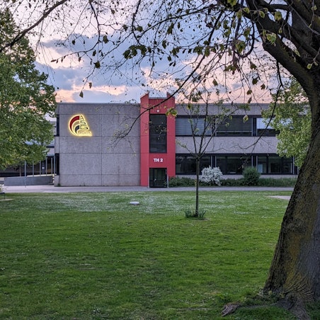 Eine Wiese mit Bäumen vor der Fassade des Albert-Schweitzer-Gymnasiums bei Dämmerung.