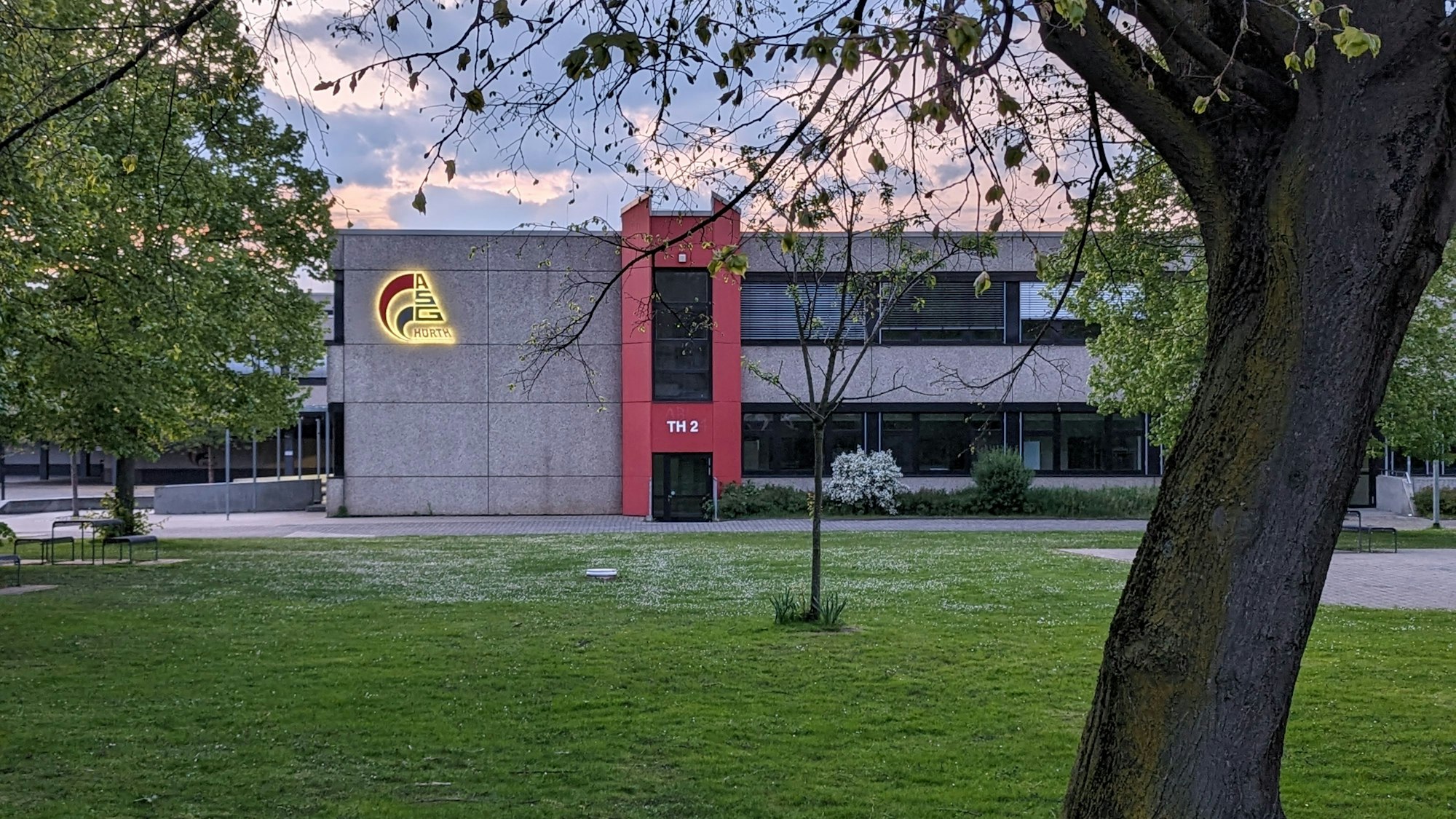 Eine Wiese mit Bäumen vor der Fassade des Albert-Schweitzer-Gymnasiums bei Dämmerung.