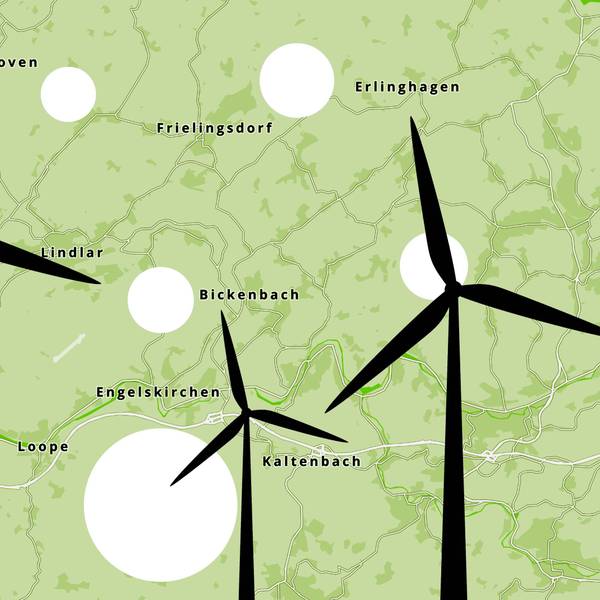 Grafik mit einer Landkarte des Nord-Westens Oberbergs mit weißen Kreisen und stilisierten Windkraftanlagen.