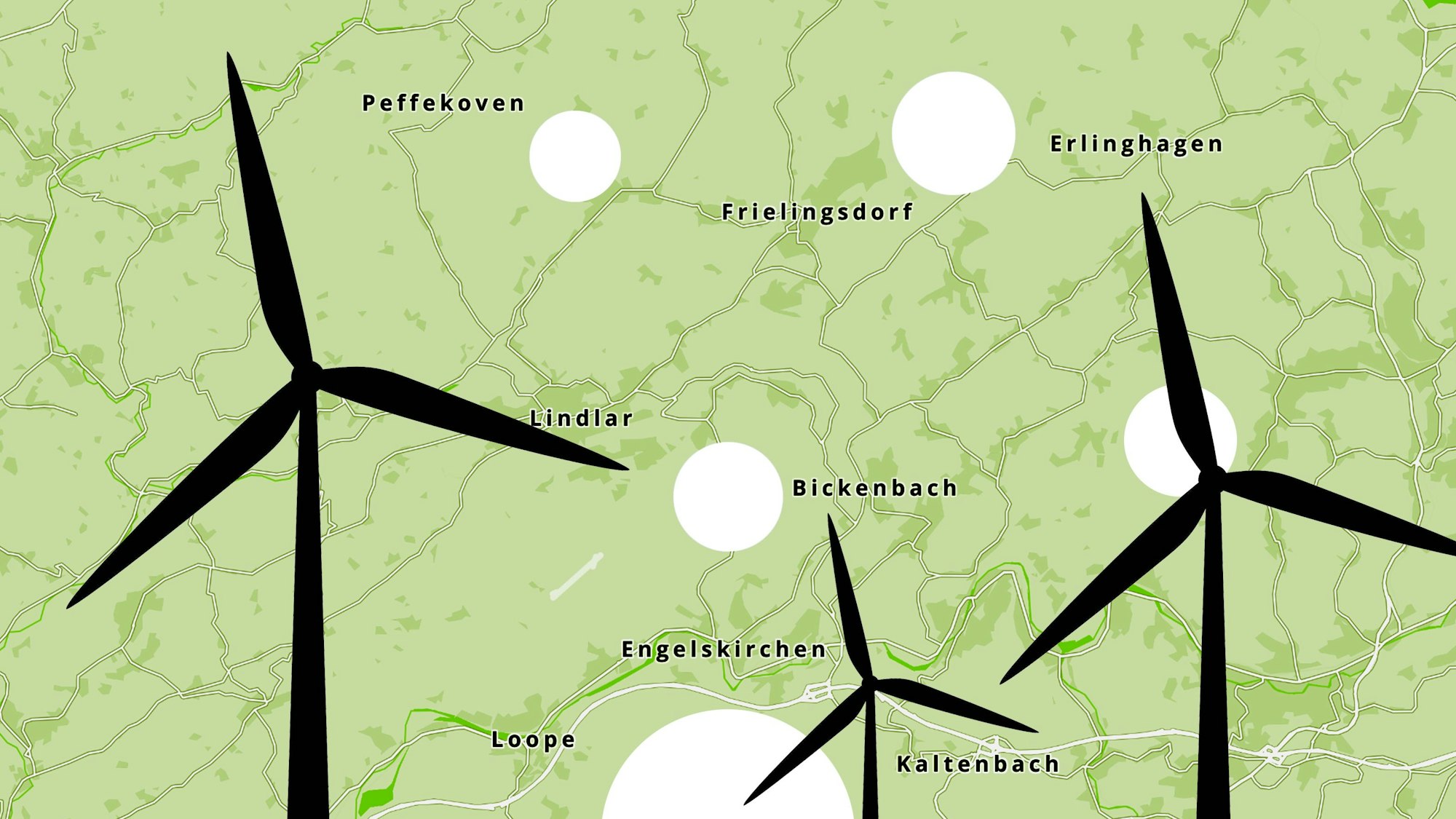 Grafik mit einer Landkarte des Nord-Westens Oberbergs mit weißen Kreisen und stilisierten Windkraftanlagen.