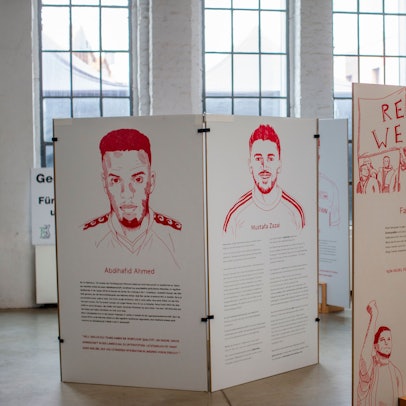 Ausstellung im Rahmen der co/pop
Ausstellung „Flucht, Migration, Fußball“.