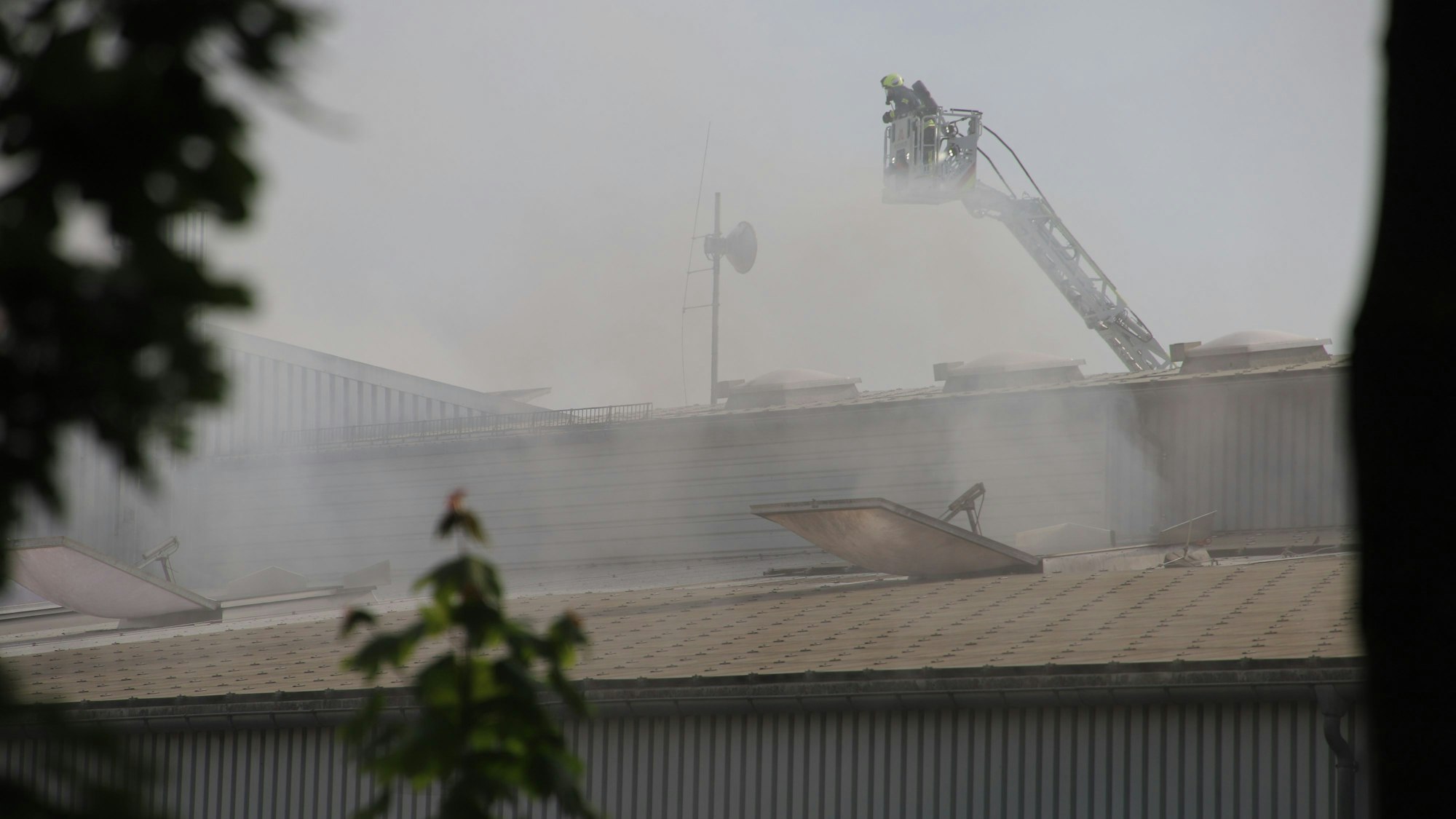 Dichter Rauch stieg aus den Klappen der Halle, von der Drehleiter aus löschten Feuerwehrleute.