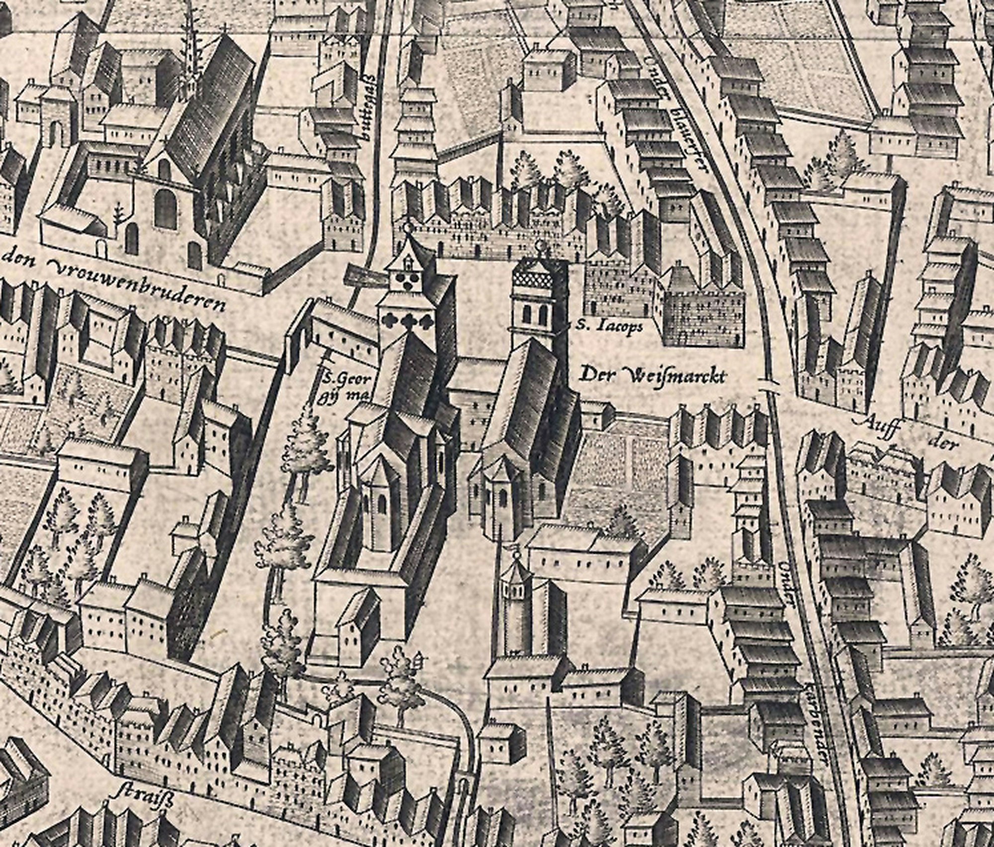 An der Ecke Follerstraße und Georgstraße in der Nähe von St. Georg (unten dargestellt als St. Georg und St. Jakob im Mercator-Plan von 1571) befand sich das Haus von Peter Anton Fonk. Der war des Mordes an seinem Geschäftspartner, dem Apotheker Schröder aus Krefeld, für schuldig befunden worden. Doch Friedrich Wilhelm III. setzte sich darüber hinweg.
