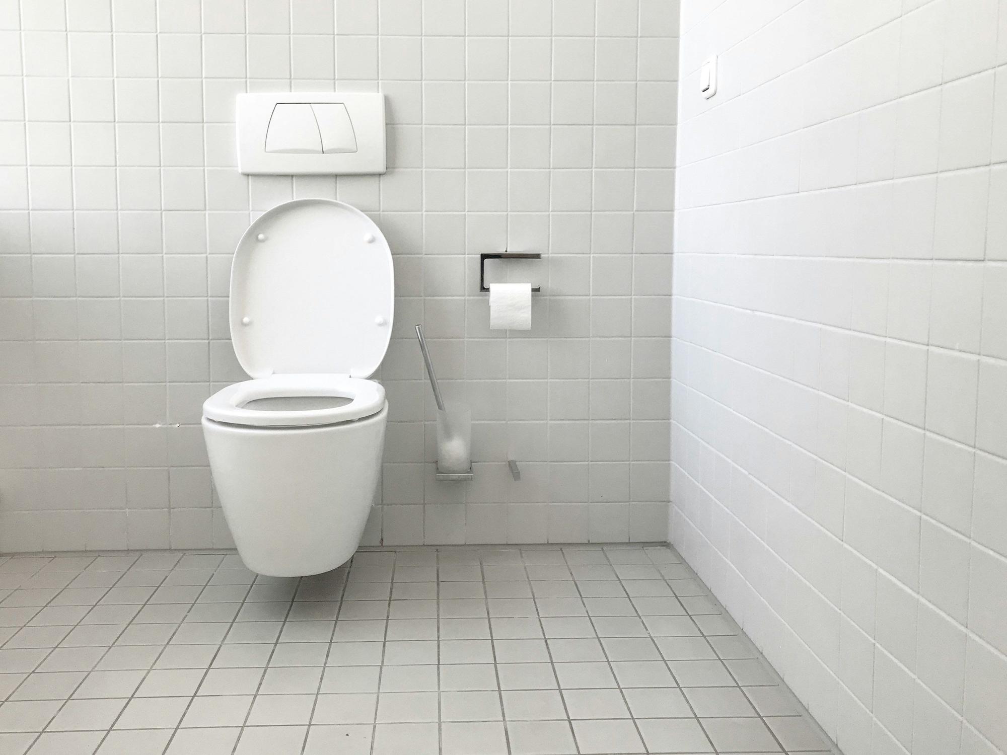 Ein weiß gekacheltes Badezimmer mit einer Toilette in der Bildmitte.