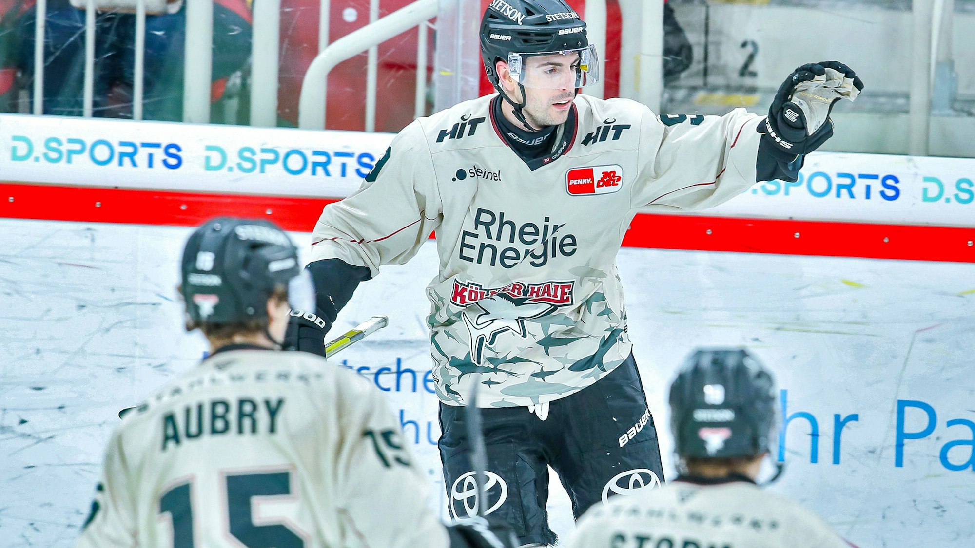 Maximilian Kammerer, Louis-Marc Aubry und Frederik Storm sollen auch im kommenden Jahr für die Haie spielen.