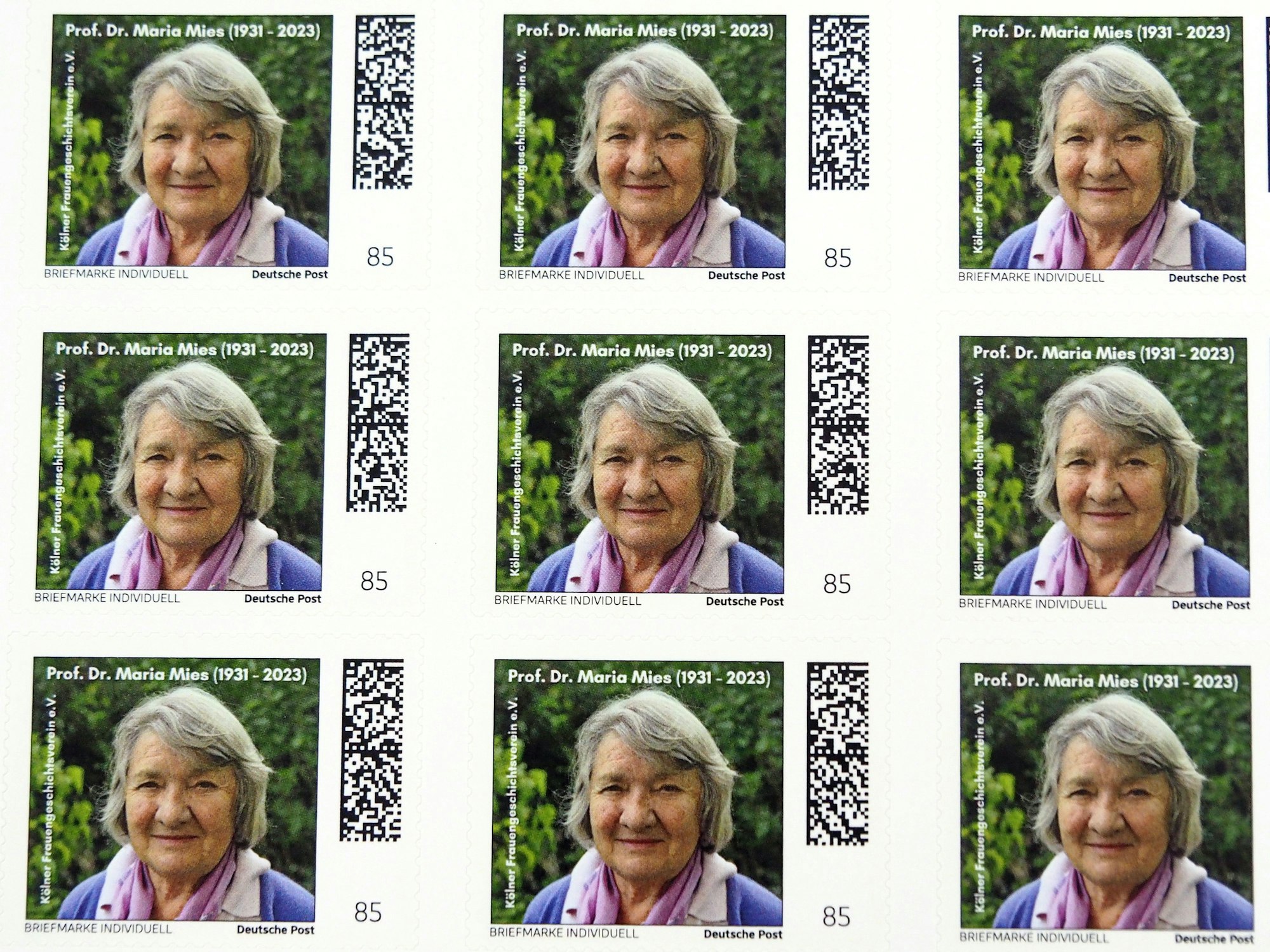 Der Frauengeschichtsverein Köln gab eine private Sondermarke zum Gedenken von Maria Mies in Auftrag.