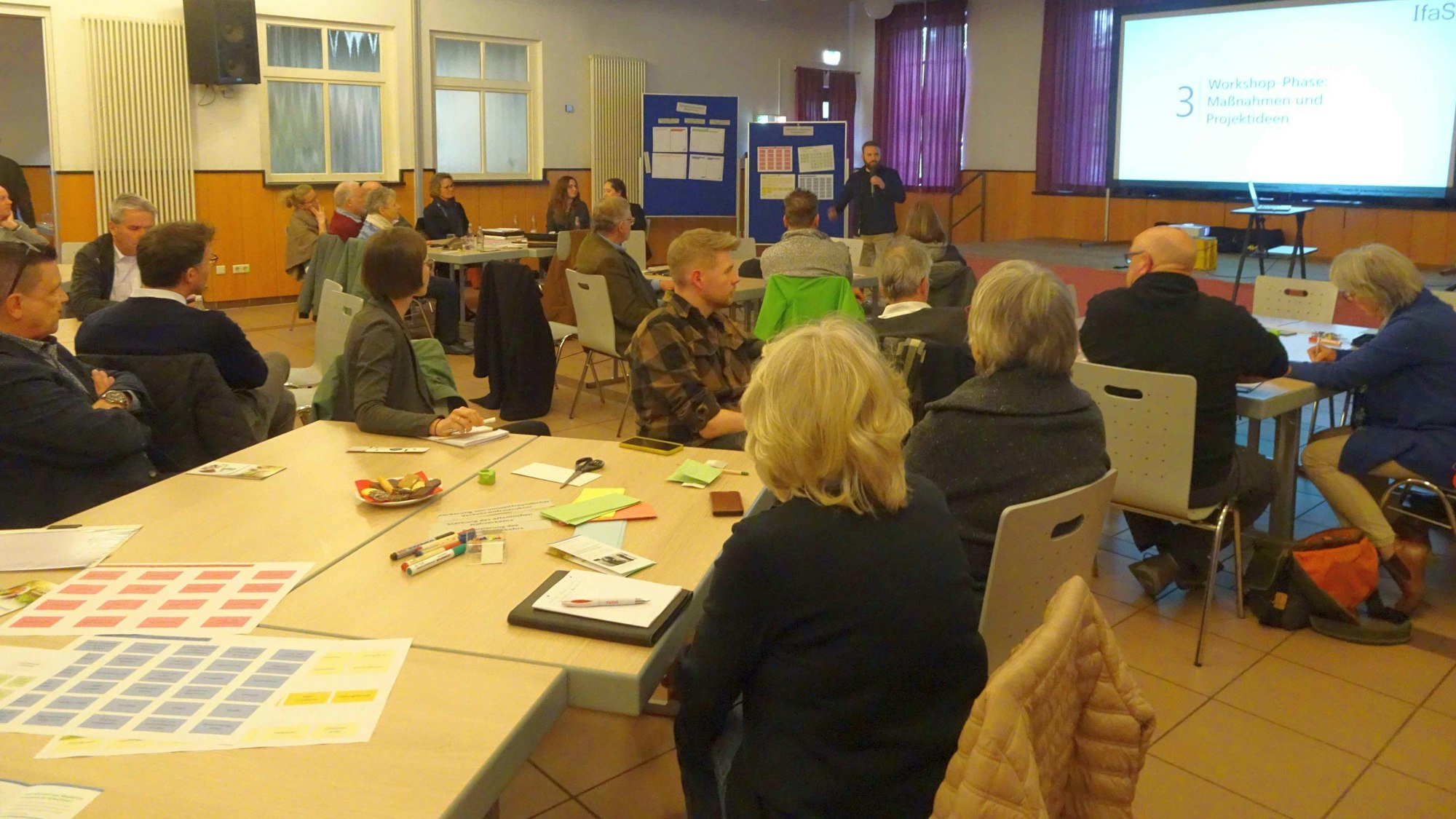 Eike Zender vom Fachbüro IfaS stellt im Ludendorfer Dorfhaus die Workshop-Phasen vor.