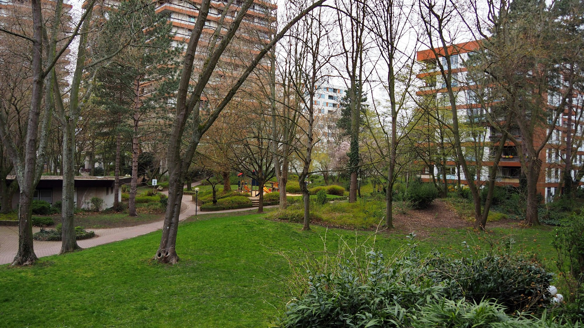 Blick auf den grünen Park mit hohen Bäumen, umgeben von den Wohnhochhäusern des Wohnpark Bayenthals. Foto von Stephanie Broch.