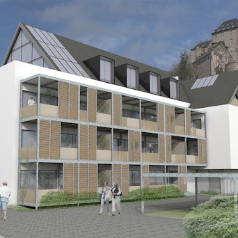 Die Animation zeigt, wie das alte Rathausgebäude nach dem Umbau aussehen soll. Darüber thront die Blankenheimer Burg.