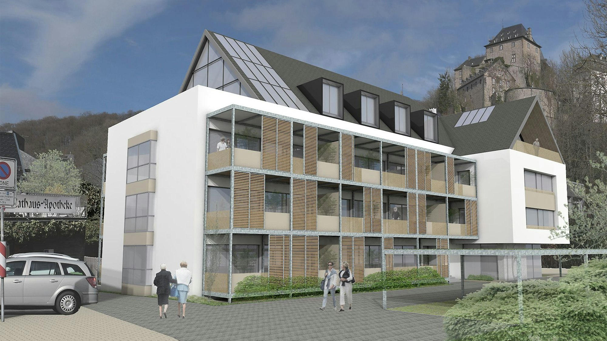 Die Animation zeigt, wie das alte Rathausgebäude nach dem Umbau aussehen soll. Darüber thront die Blankenheimer Burg.