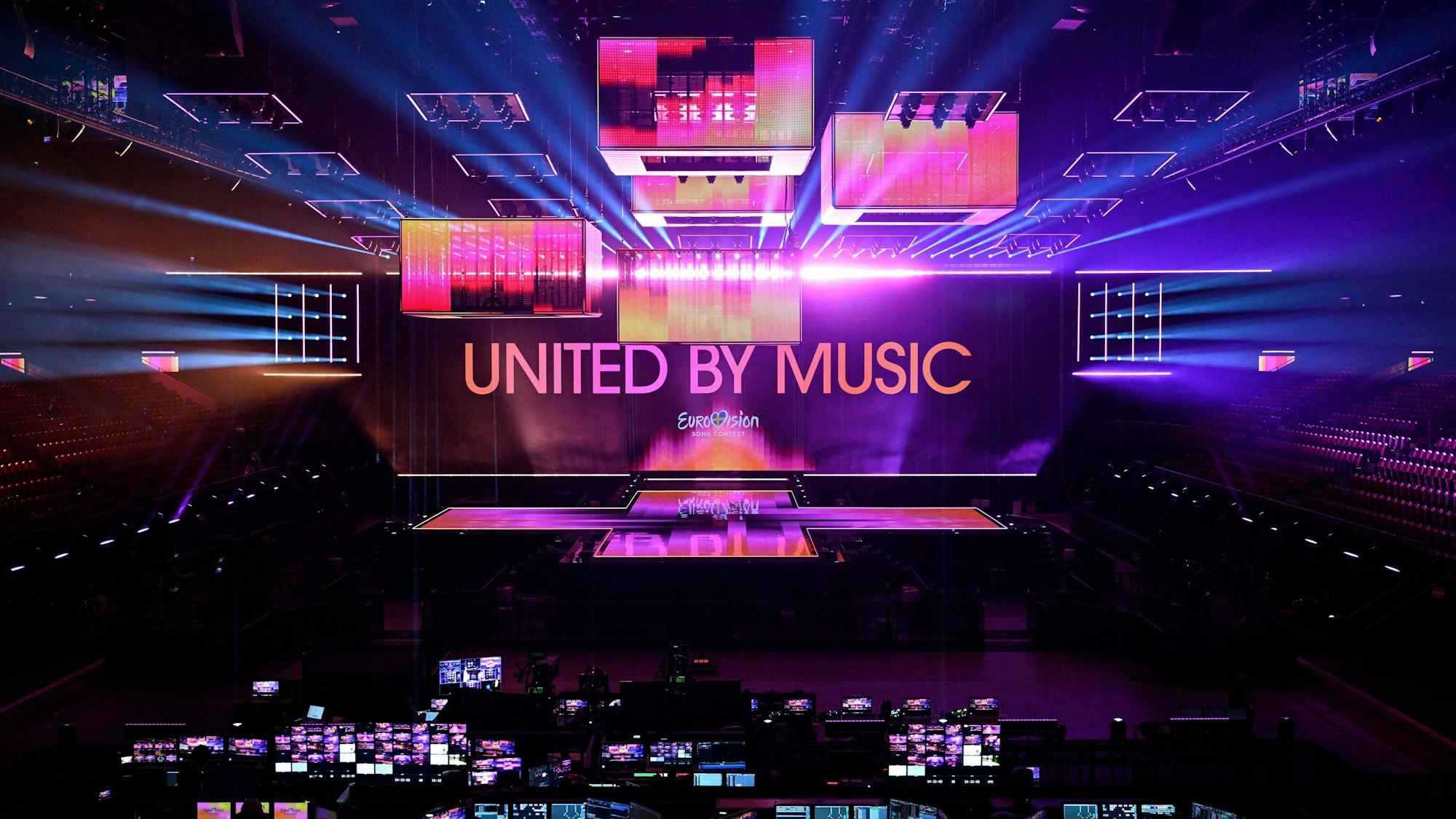 (FILES) The completed stage to be used at the Eurovision song contest (ESC) is pictured at the Malmo Arena, shown to the media at a press conference in Malmo, Sweden on April 25, 2024. "It's an opportunity for us to represent our culture. To show that we've got so much more to give people," Ukrainian singer Jerry Heil -- the stage name for Yana Chemaieva -- told AFP in an interview. "We just need to be visible," she said. A week of Eurovision Song Contest festivities kicked off on May 4, 2024 in the southern Swedish town of Malmo, with 37 countries taking part. (Photo by Johan NILSSON / TT News Agency / AFP) / Sweden OUT