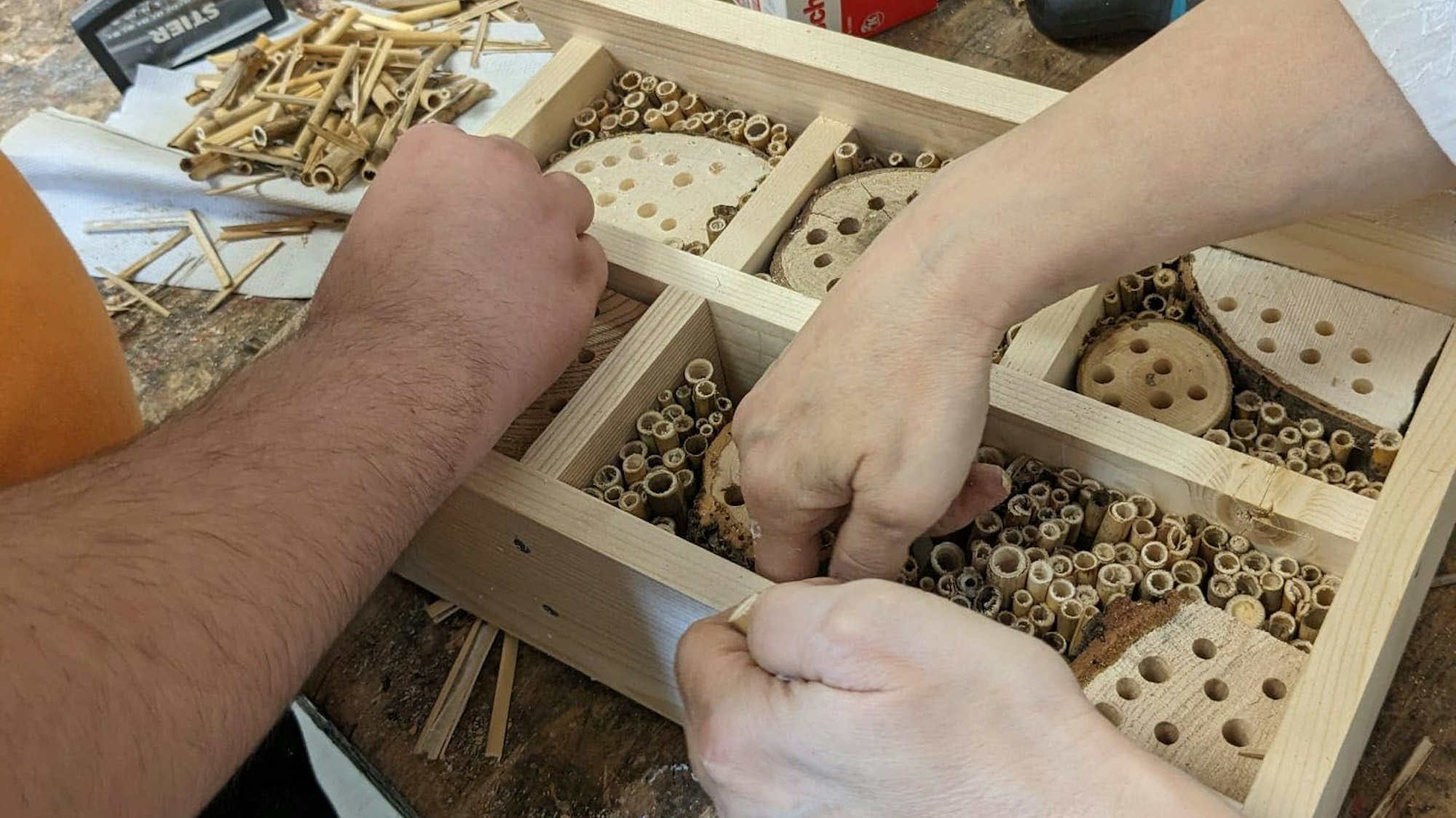 Bau der Insektenhotels in der Kalker Hauptschule.