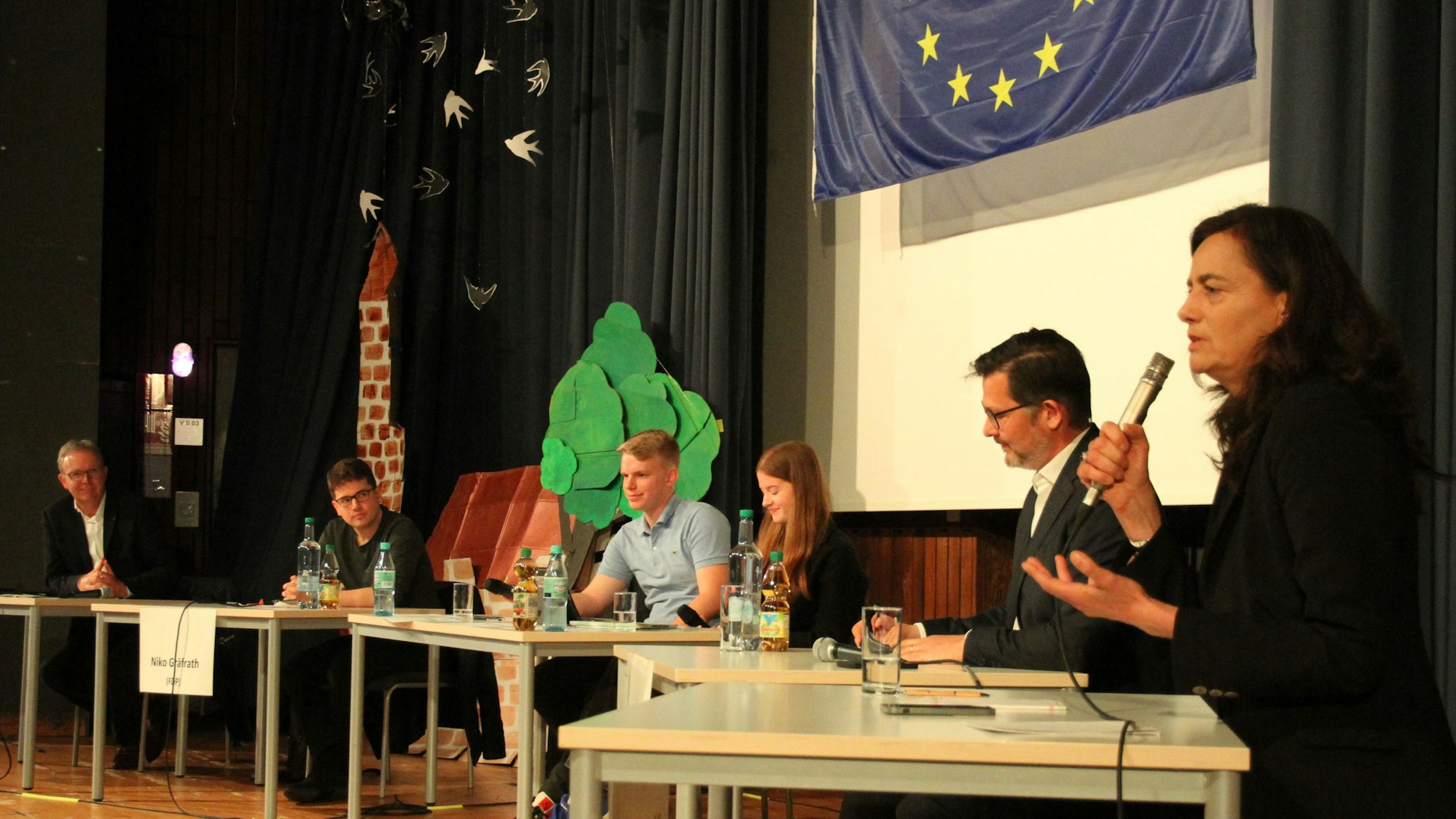 Sechs Teilnehmer einer Diskussion sitzen an Tischen, im Hintergrund eine Europa-Flagge