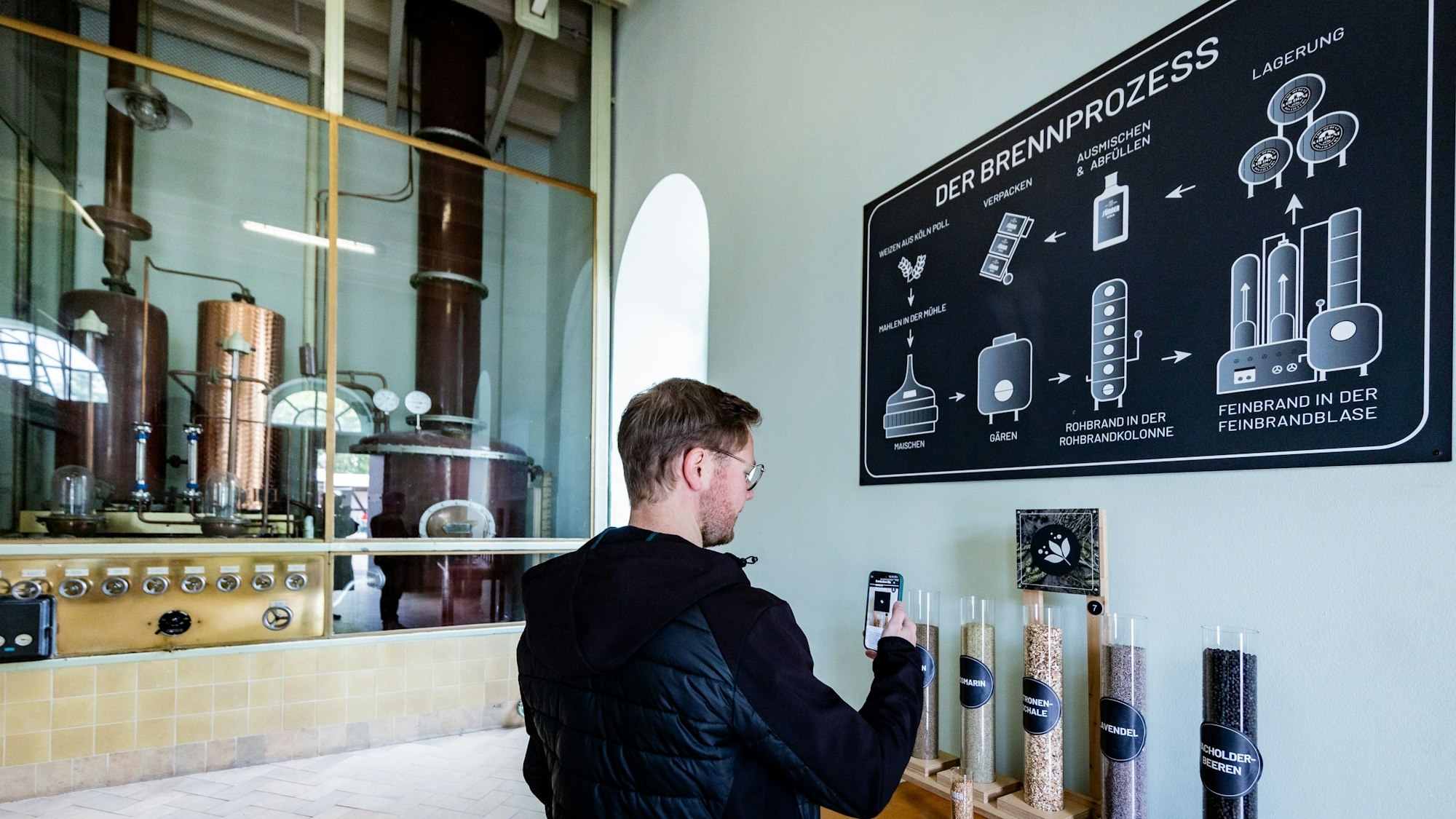 Ein Mann steht in einer Brennerei vor Plastikröhren mit Samen, die zur Ginherstellung genutzt werden.