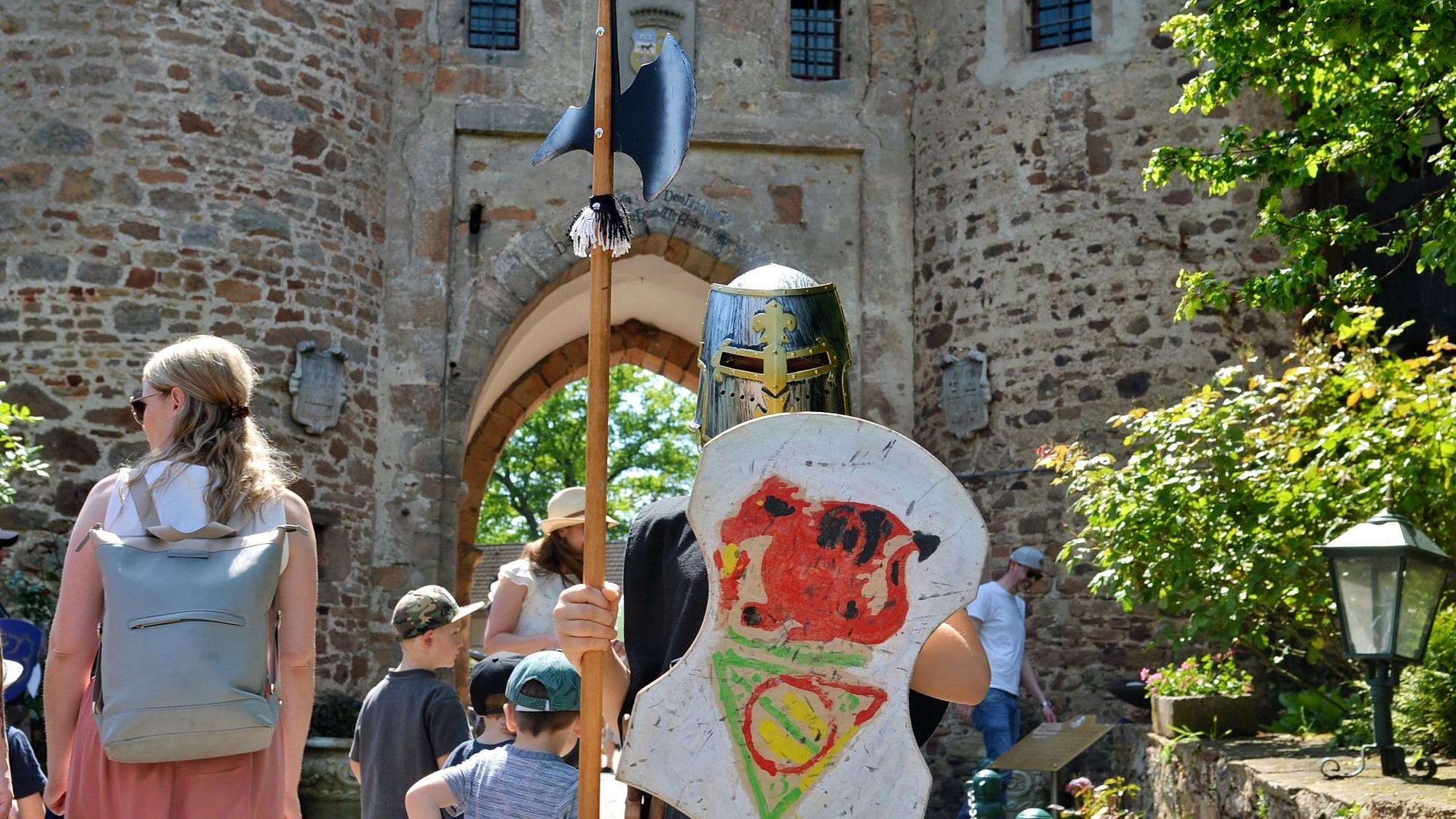 Ein junger Ritter mit Helm, Schild und Hellebarde ist zu sehen.