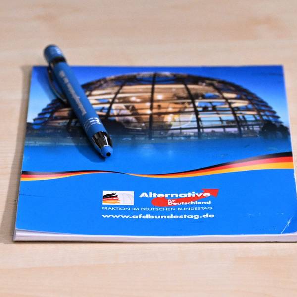 Ein Schreibblock und ein Stift mit den Logos der AfD (Symbolbild)