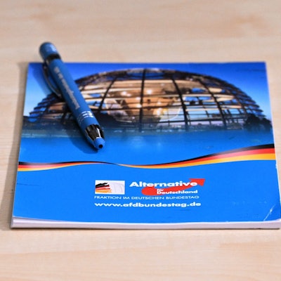 Ein Schreibblock und ein Stift mit den Logos der AfD (Symbolbild)