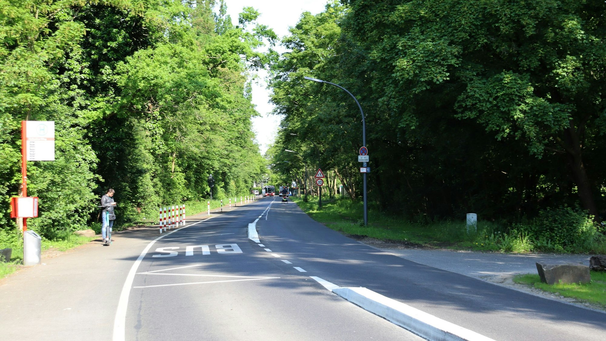 Blick auf den Abschnitt Zeisbuschweg zwischen einer Bushaltestelle und dem Verbindungsweg zur Straße Am Puffelskooche (im Bild rechts). Die Straße ist umsäumt von grünen Bäumen. Foto von Uwe Schäfer