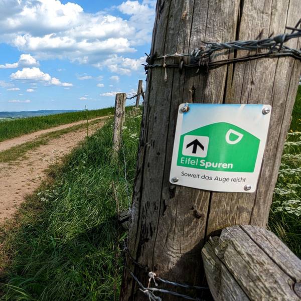 Eine Frau geht mit ihrem Hund auf einem Wanderweg. An einem Zaunpfahl ist eine EifelSpuren-Wegemarkierung angebracht.