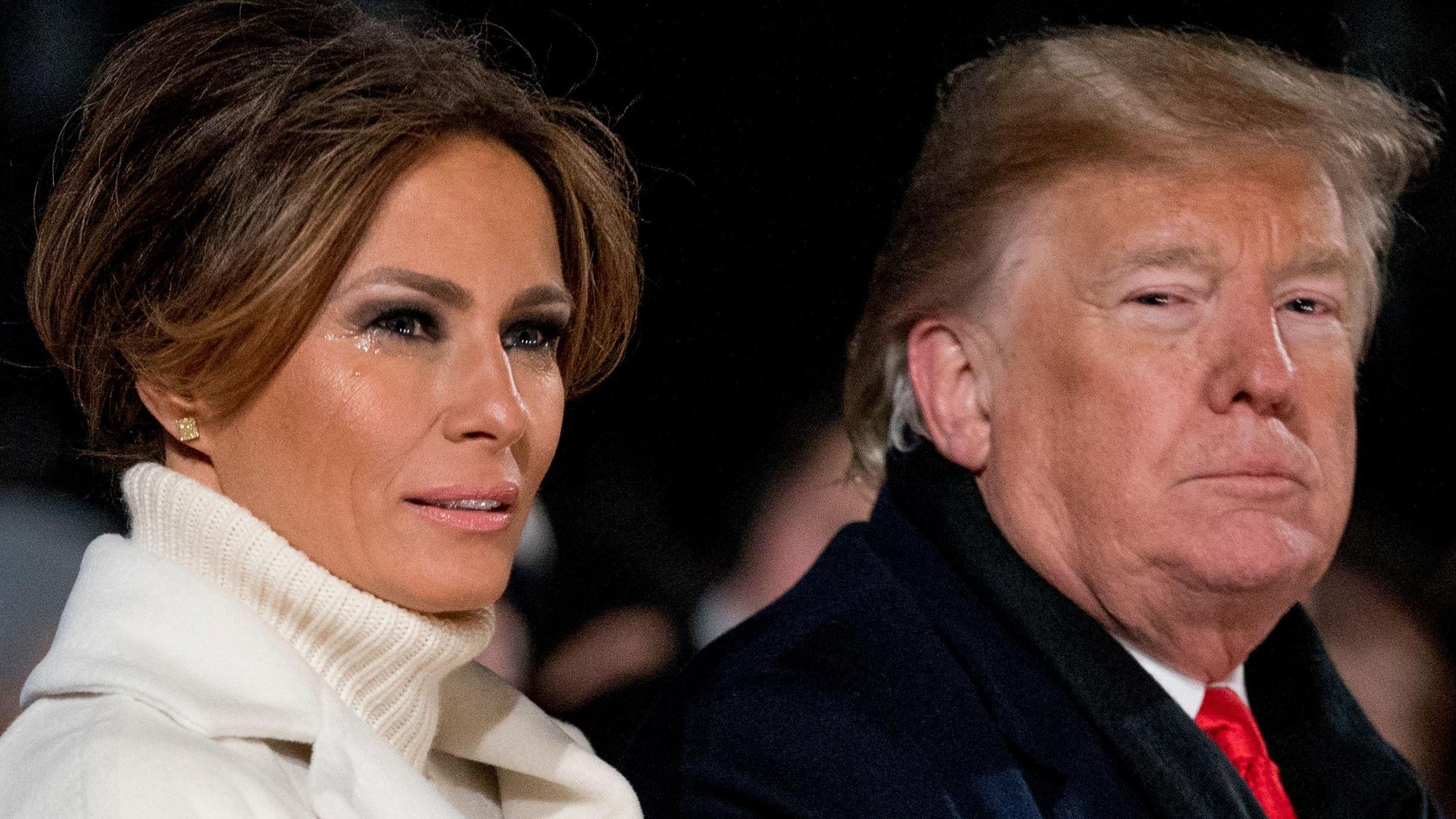 Melania Trump hat in der Kälte vor dem Weißen Haus eine Träne im Auge, während sie und Präsident Donald Trump feierlich die Weihnachtsbaumbeleuchtung auf der Ellipse anschalten.